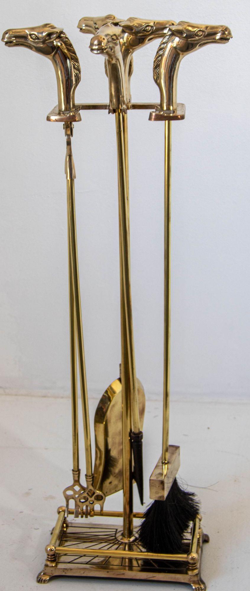 French Equestrian Theme Fire Tools Brass Fireplace Tools Set with Horse Head 1940s