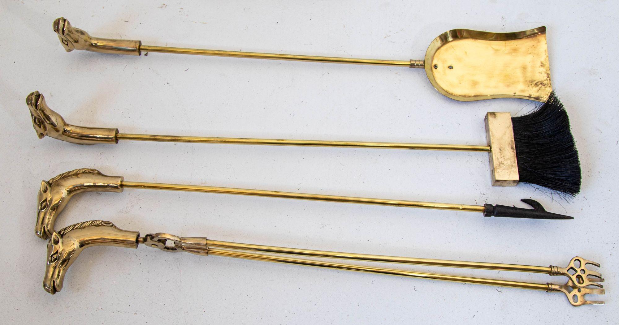 Equestrian Theme Fire Tools Brass Fireplace Tools Set with Horse Head 1940s 1