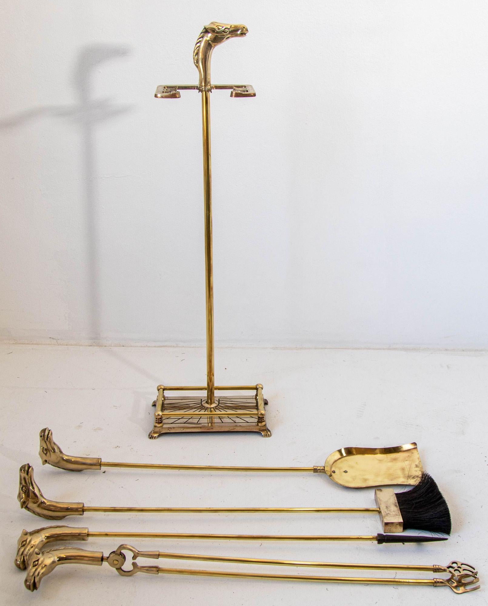 Equestrian Theme Fire Tools Brass Fireplace Tools Set with Horse Head 1940s 2
