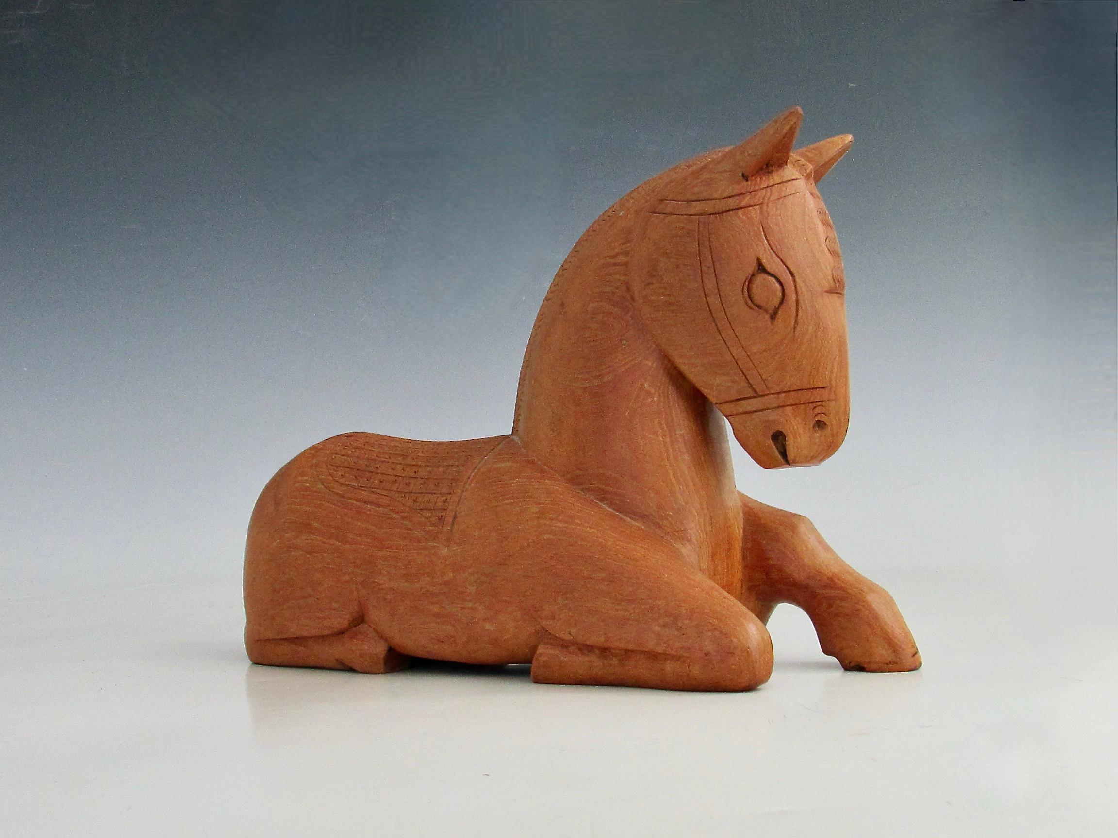 Scandinavian Modern Equestrian theme hand carved wood horse sculpture with hidden compartment For Sale