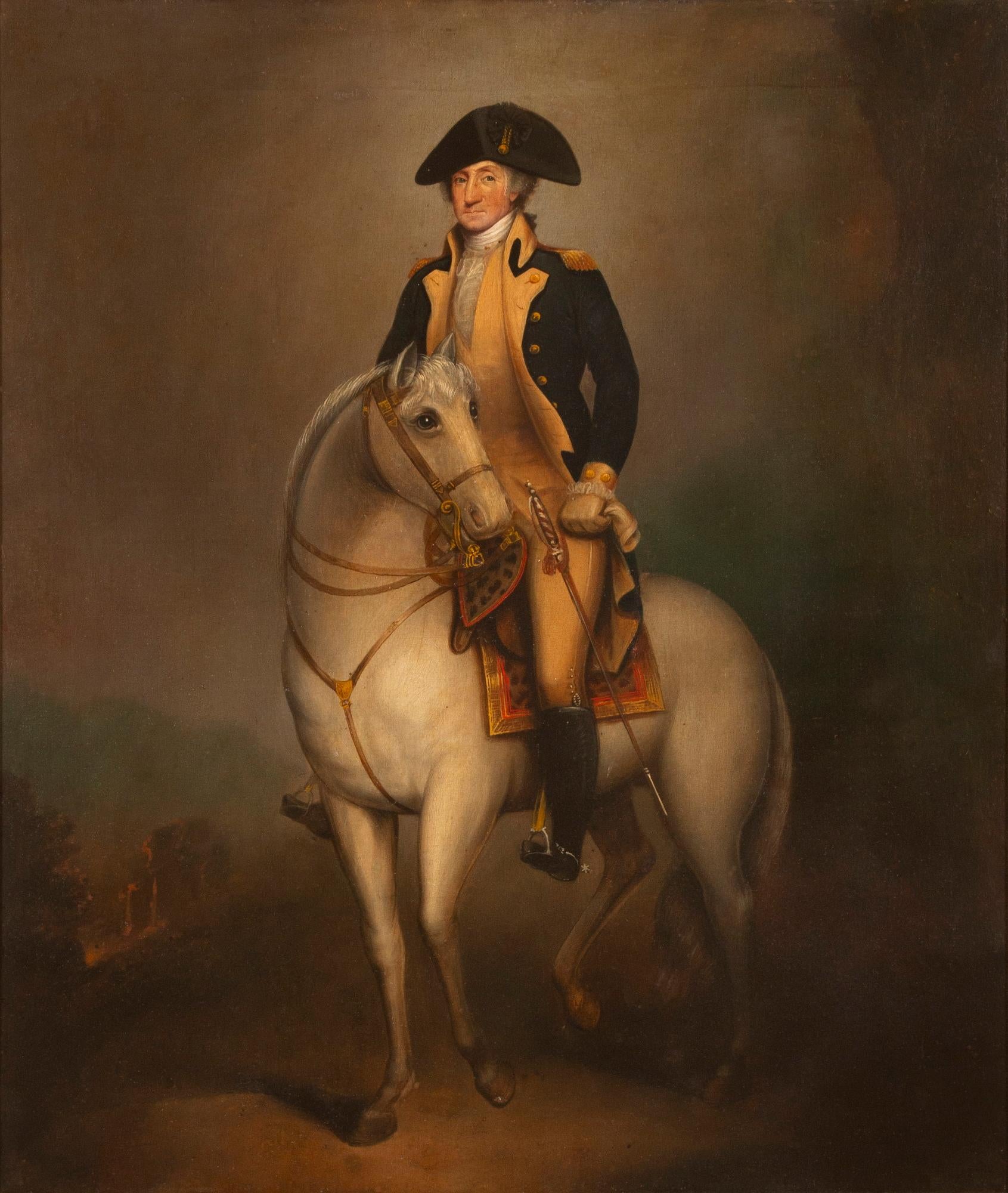 “EQUESTRIAN WASHINGTON,” OIL ON CANVAS PAINTING OF GEORGE WASHINGTON ON BLUESKIN, AFTER REMBRANDT PEALE, circa 1830-1850 (POSSIBLY PRIOR):

Born in Bucks County Pennsylvania during the American Revolution, Rembrandt Peale (Feb. 22, 1778 – Oct. 3,