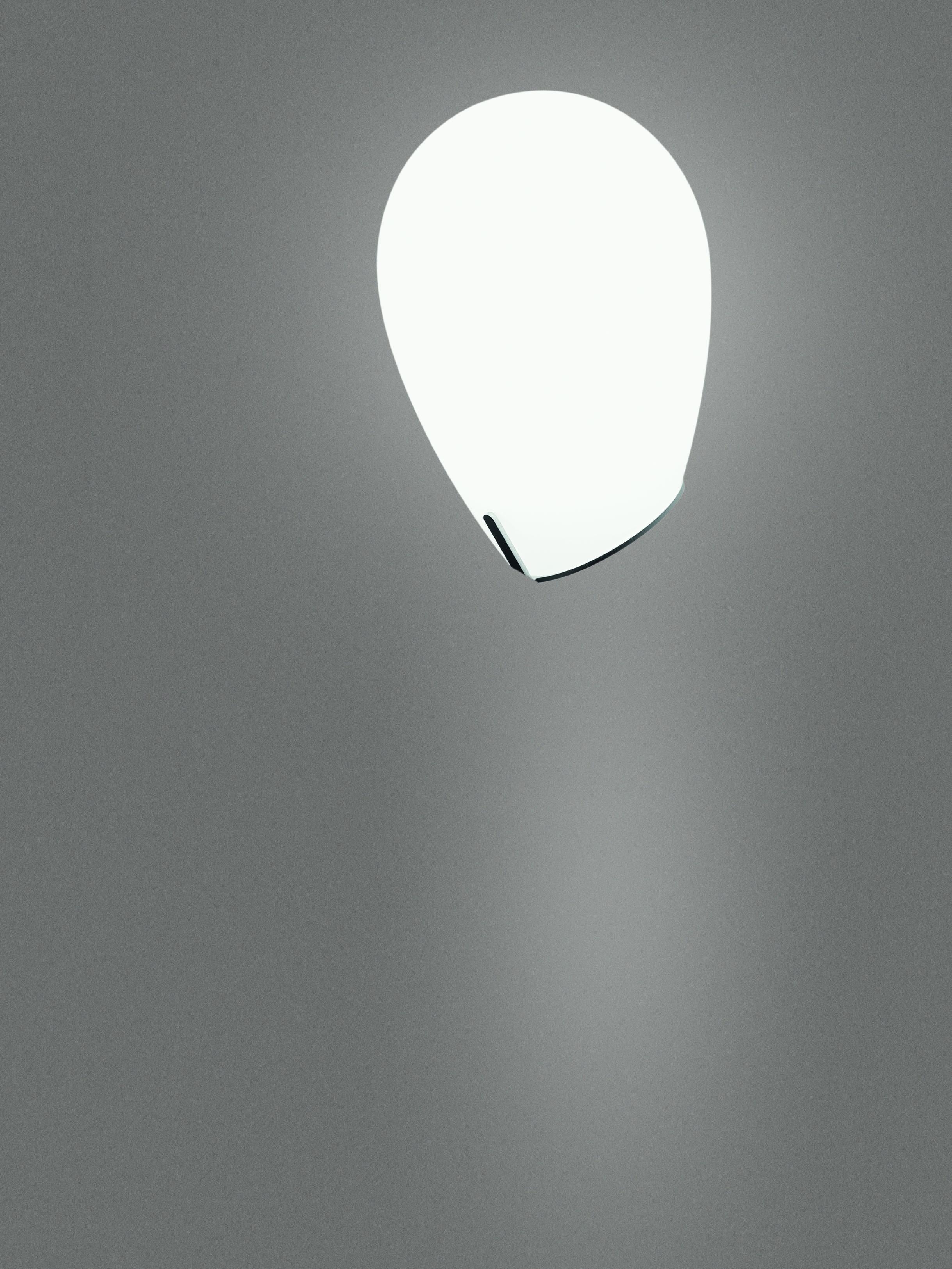 The addition of the Equilibrio wall lamp, designed by Michele de Lucchi, gives life to a system that also includes table and suspension. All these declinations use a white jacketed blown glass for the diffuser lamp-shade with a vaguely  metaphysical