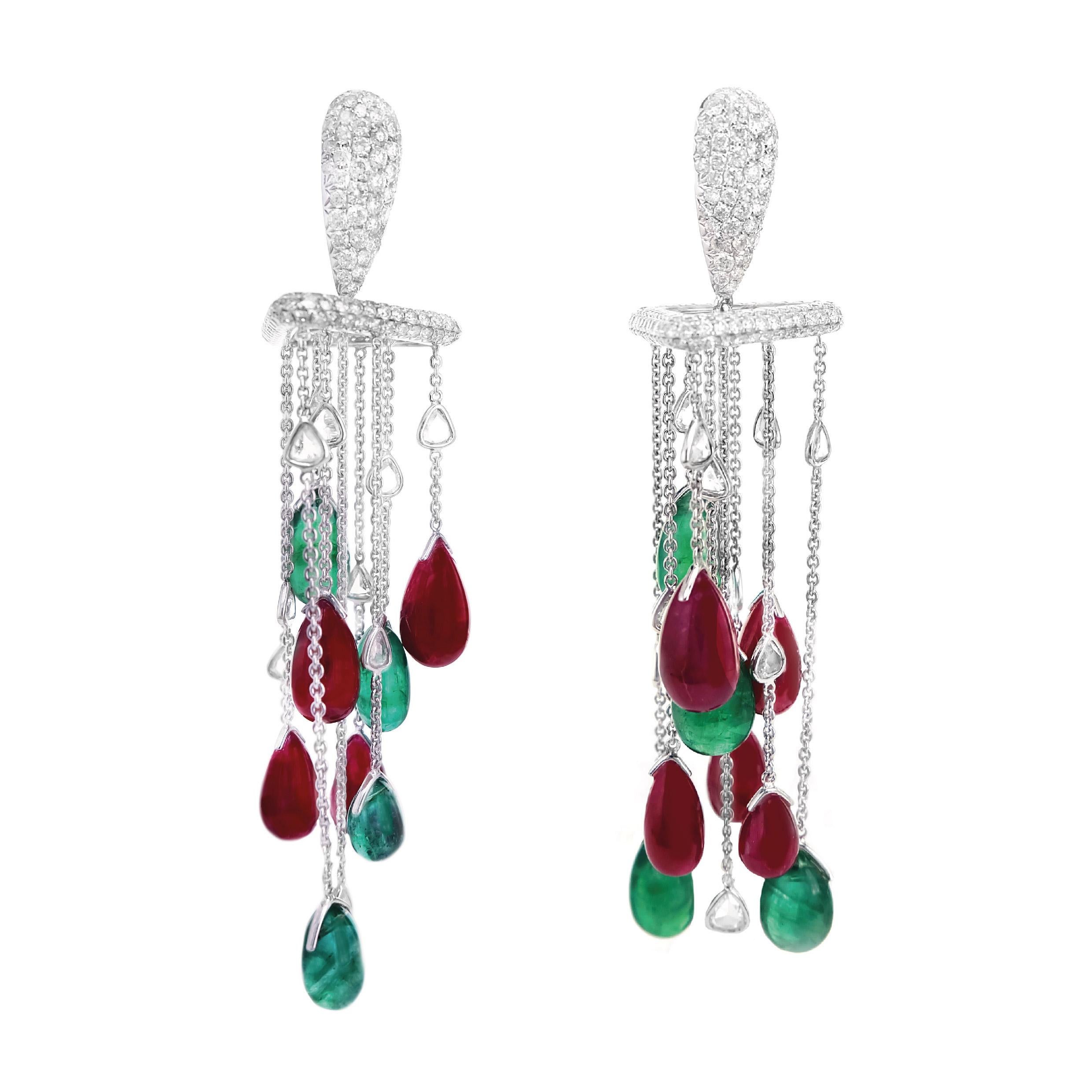 Aesthetic Movement 'Equilibrium' Earring Featured Ruby Emerald Diamond Cocktail Stunner For Sale