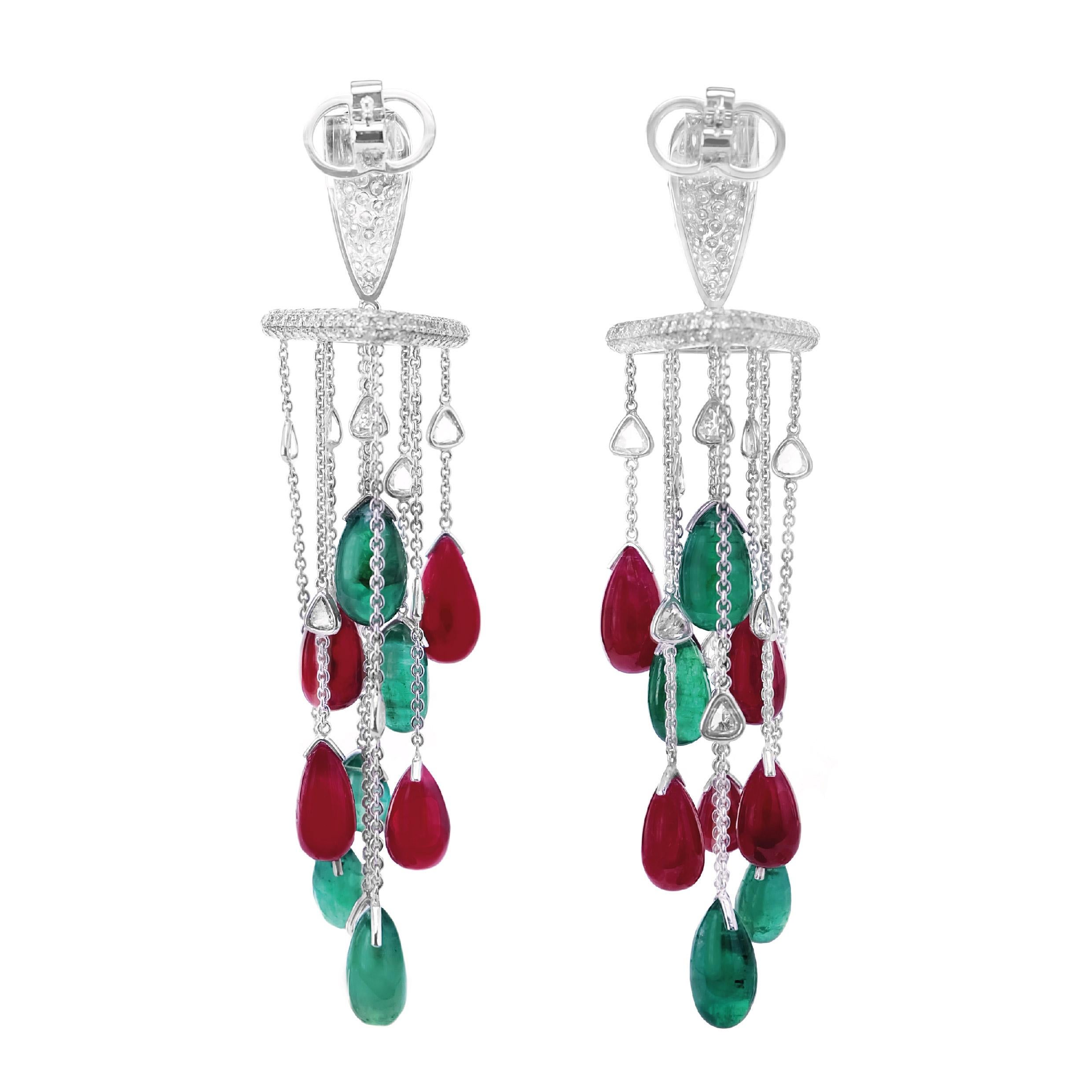 Briolette Cut 'Equilibrium' Earring Featured Ruby Emerald Diamond Cocktail Stunner For Sale