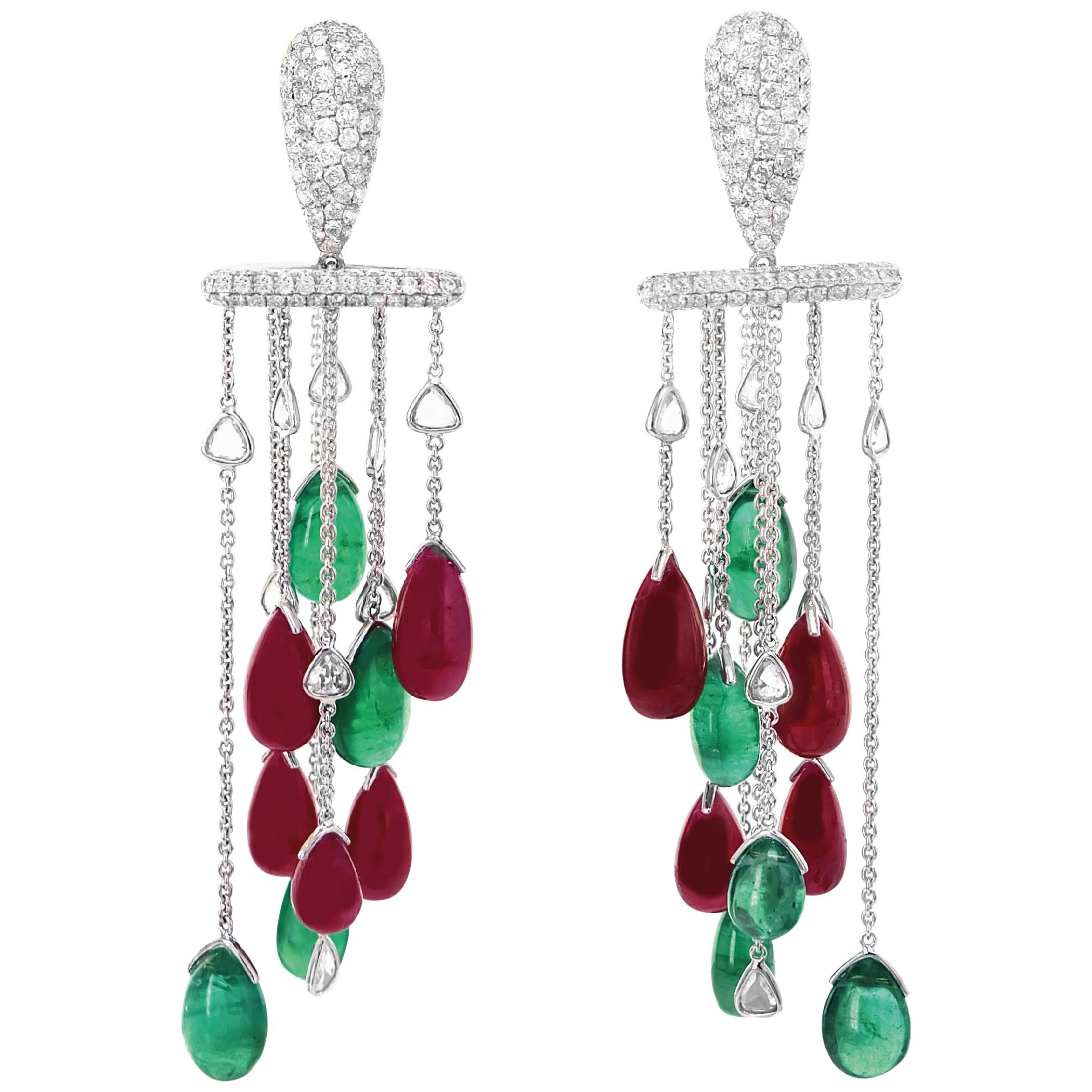 'Equilibrium' Earring Featured Ruby Emerald Diamond Cocktail Stunner For Sale