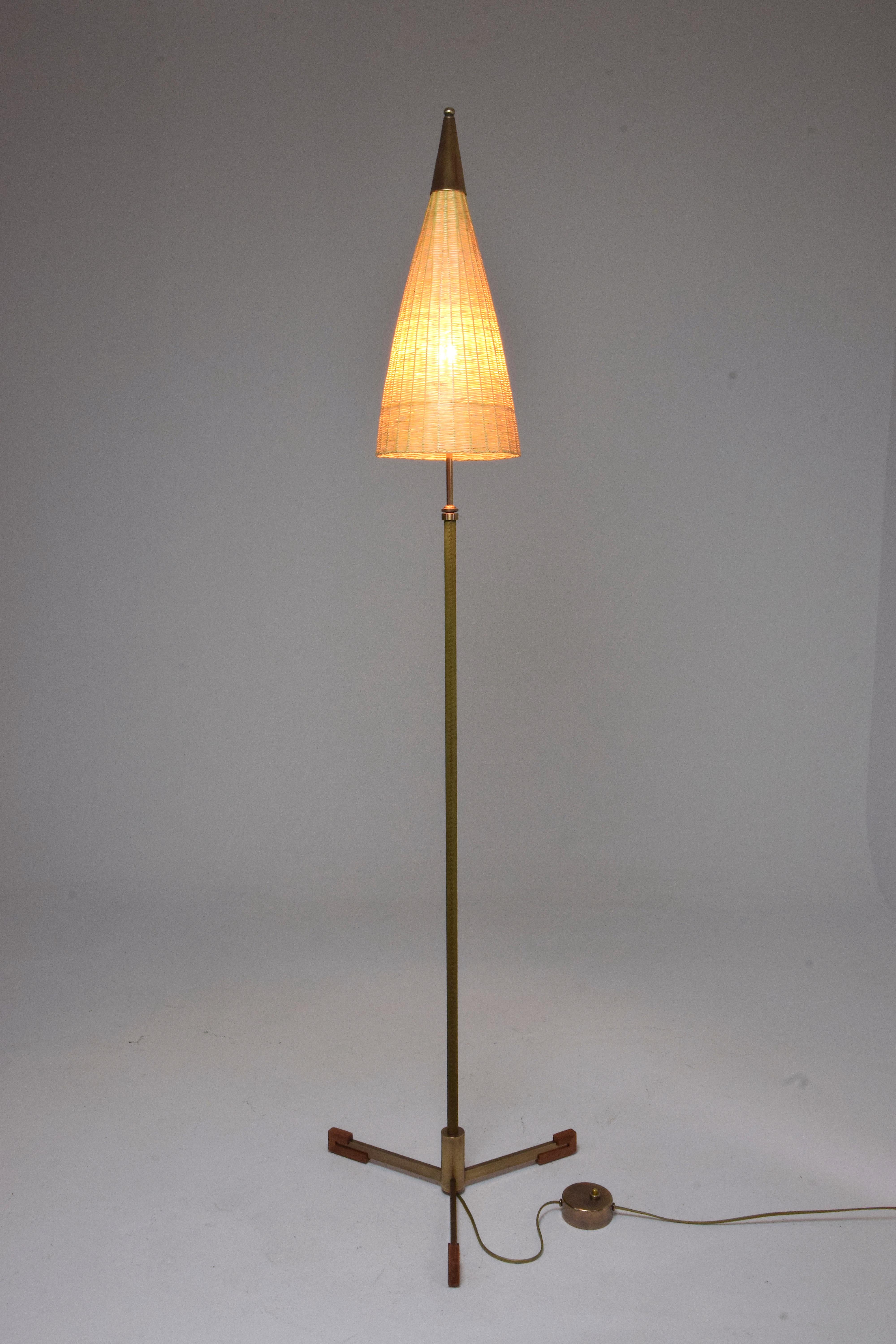 Equilibrium-II Contemporary Brass Leather Rattan Floor Lamp, Flow Collection 11