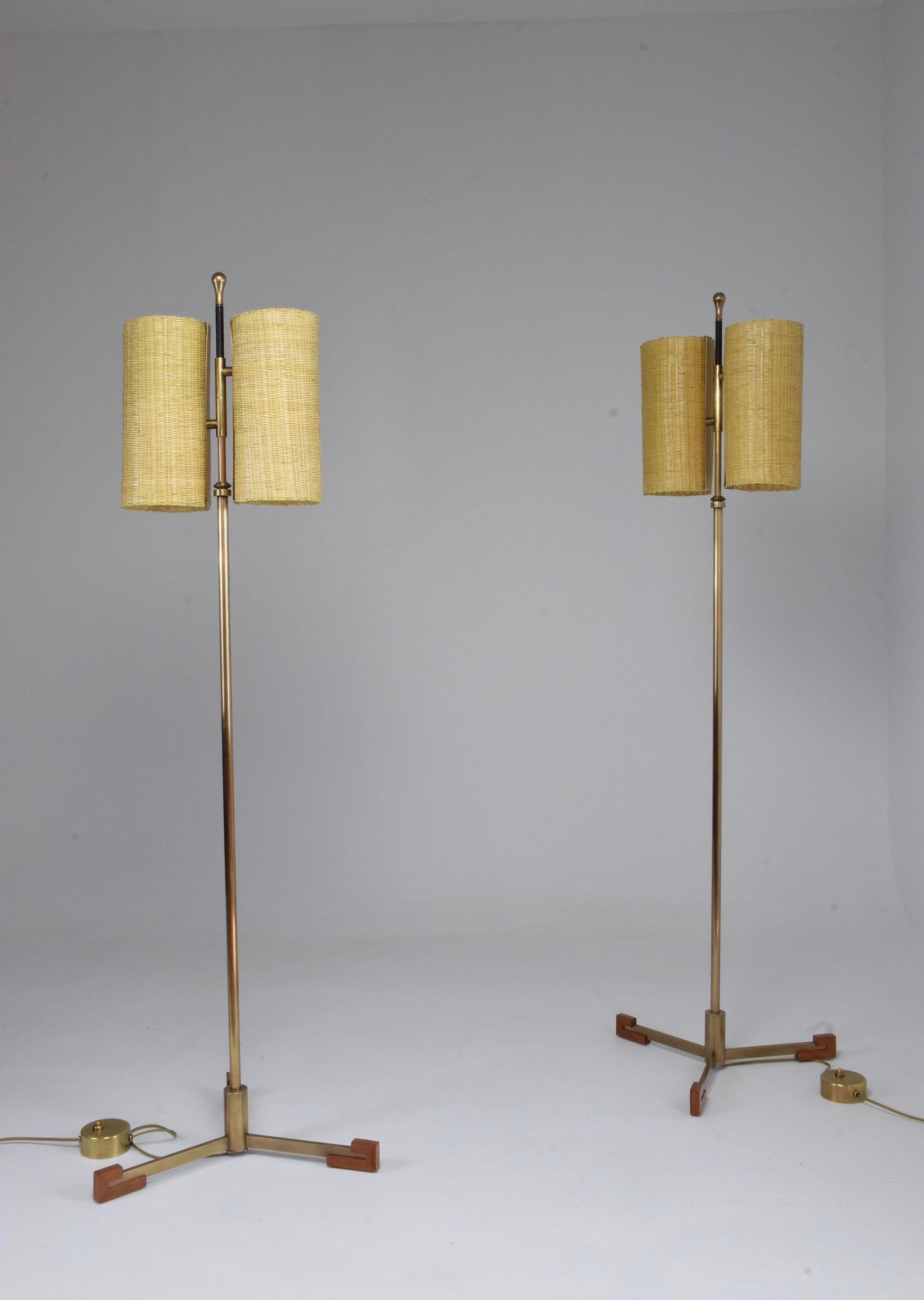 French Equilibrium-II Contemporary Brass Rattan Floor Lamp, Flow Collection
