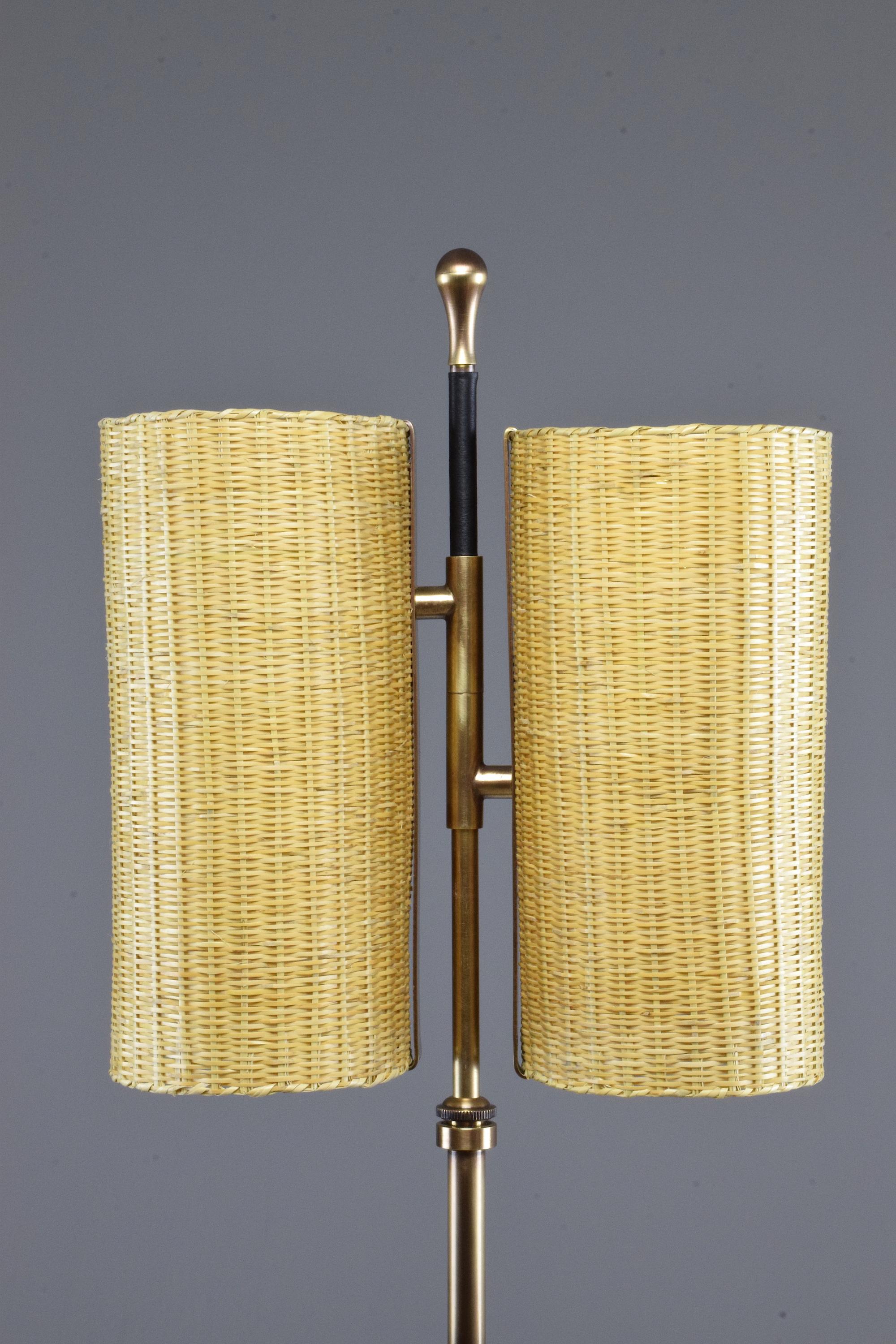 Leather Equilibrium-II Contemporary Brass Rattan Floor Lamp, Flow Collection