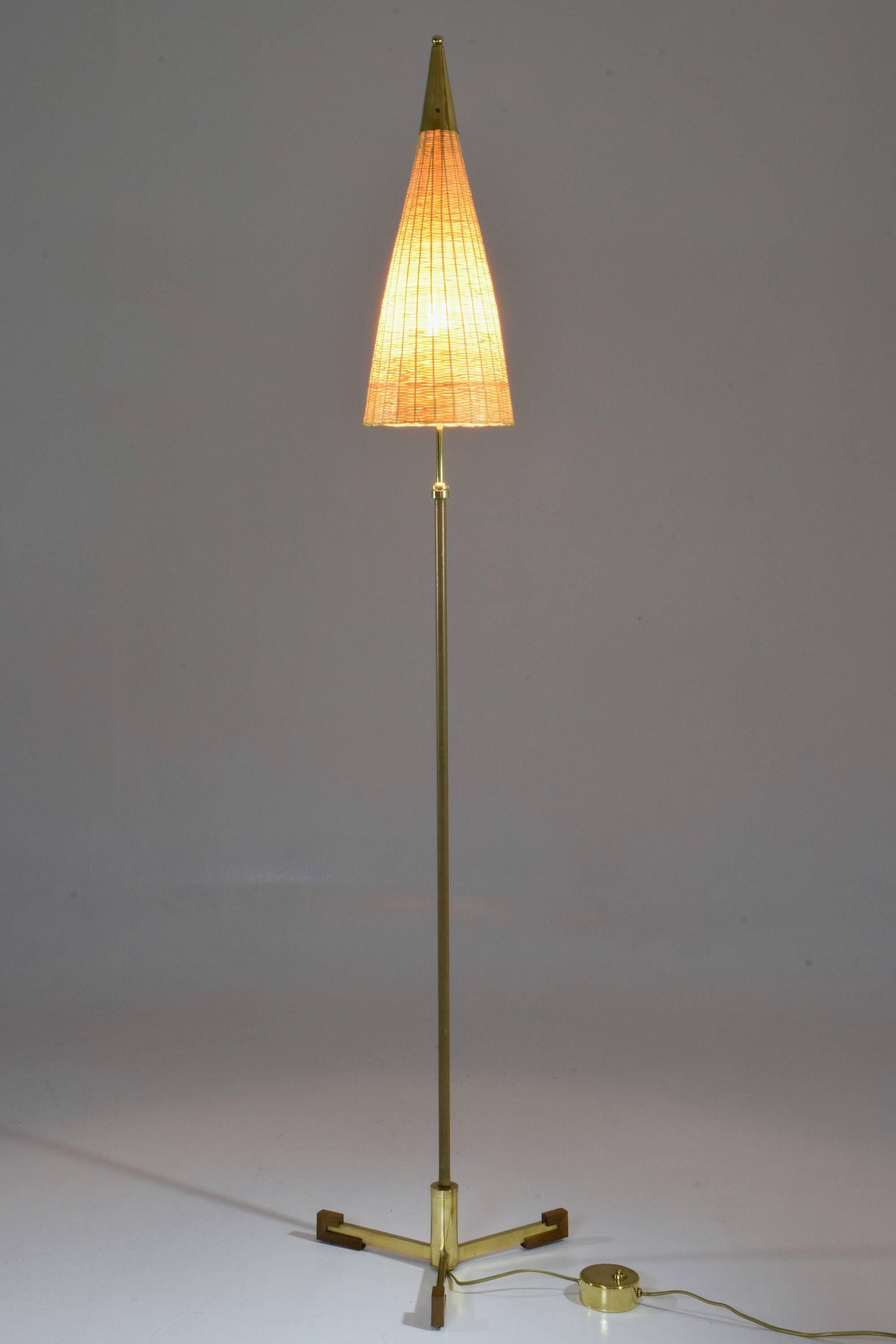 Modern Equilibrium-II Contemporary Brass Leather Rattan Floor Lamp, Flow Collection