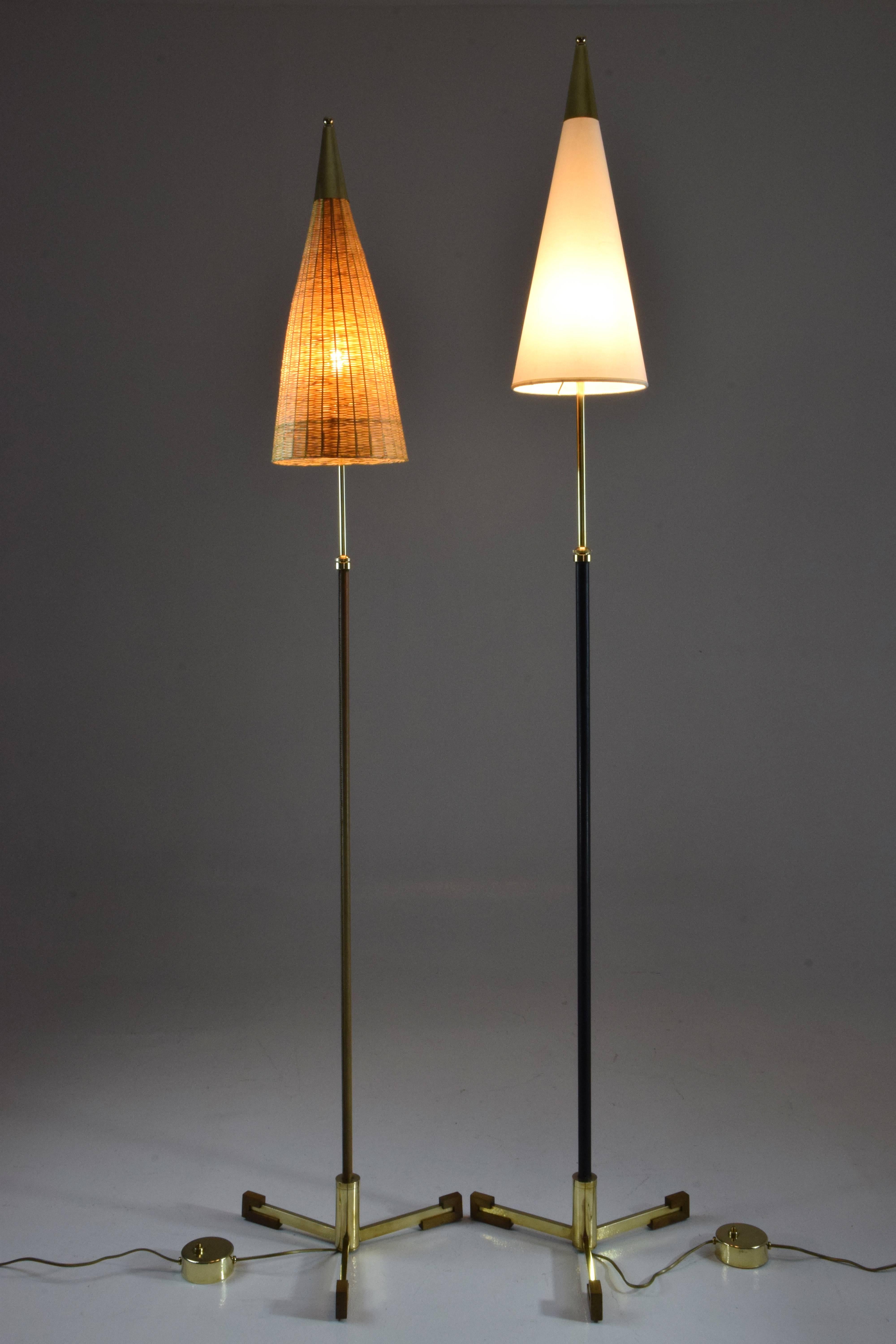 Polished Equilibrium-II Contemporary Brass Leather Rattan Floor Lamp, Flow Collection