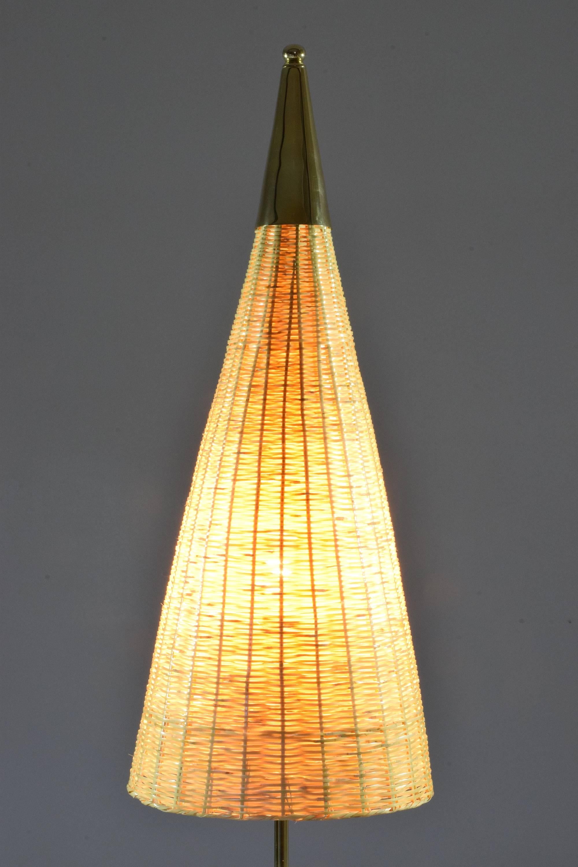 Equilibrium-II Contemporary Brass Leather Rattan Floor Lamp, Flow Collection In New Condition In Paris, FR