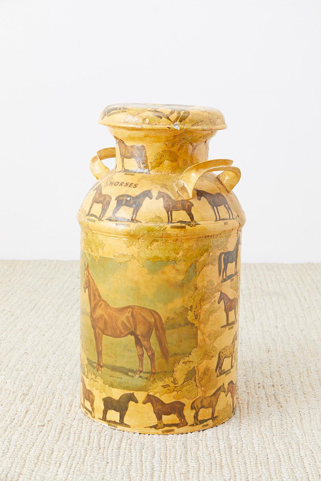 Whimsical decoupage decorated New England dairy farm lidded milk jug or bottle. Features an equine motif with images and labels of horses over a lacquered ground. Reminiscent of vintage Hermes scarf artwork in a folk art style. Heavy and solid metal