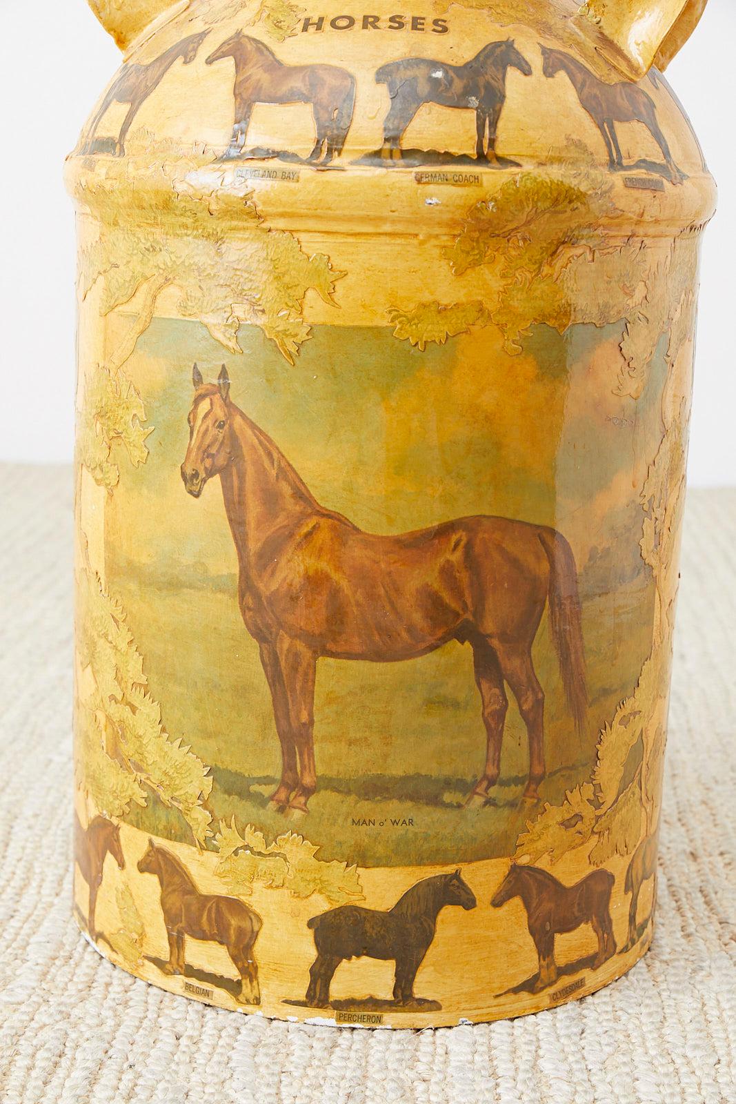 American Equine Decoupage Decorated Dairy Farm Milk Jug For Sale