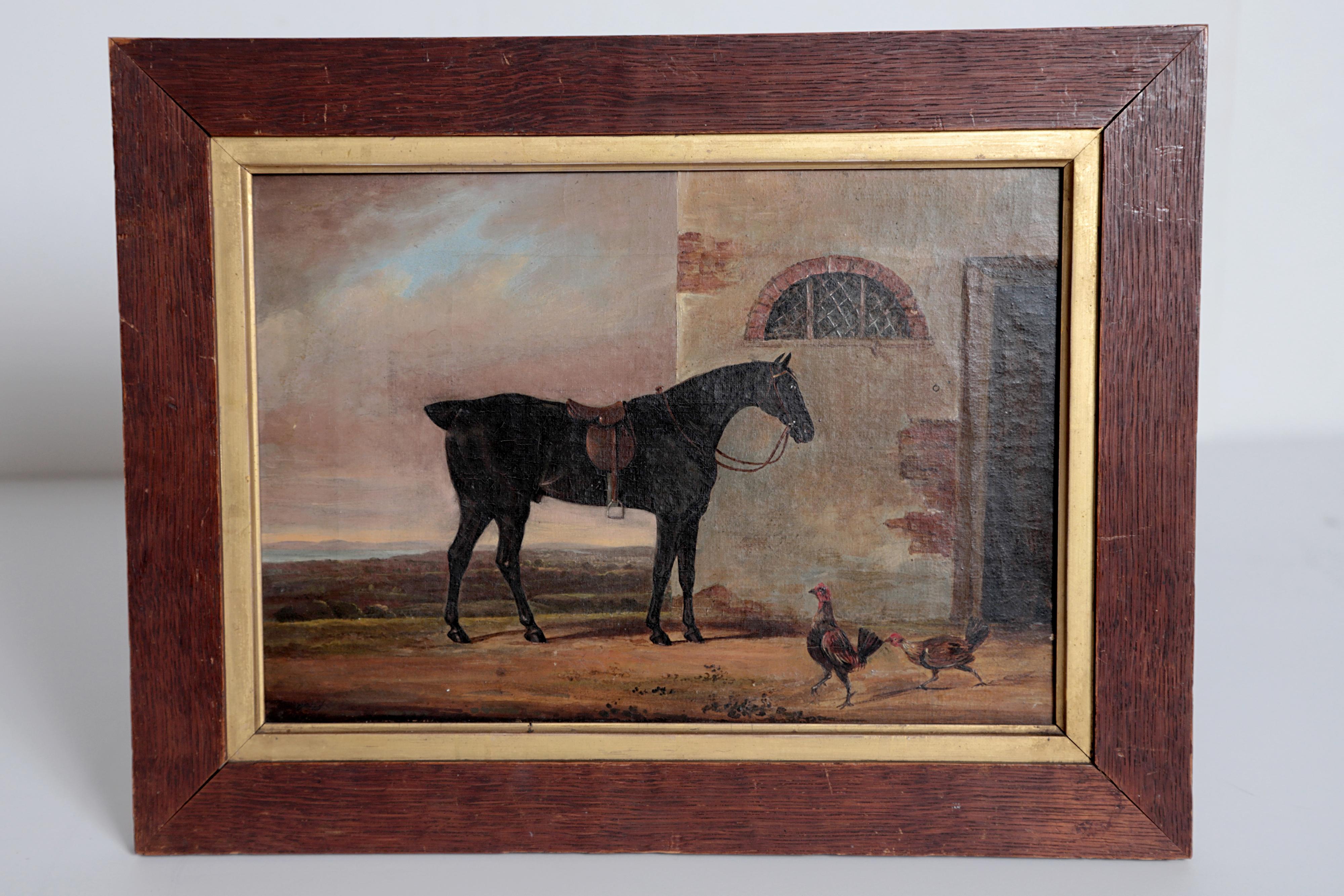 An English horse portrait, framed, depicts horse outside well-built stabile / barn with rooster and hen, unsigned, several Christie's labels / tags en verso.