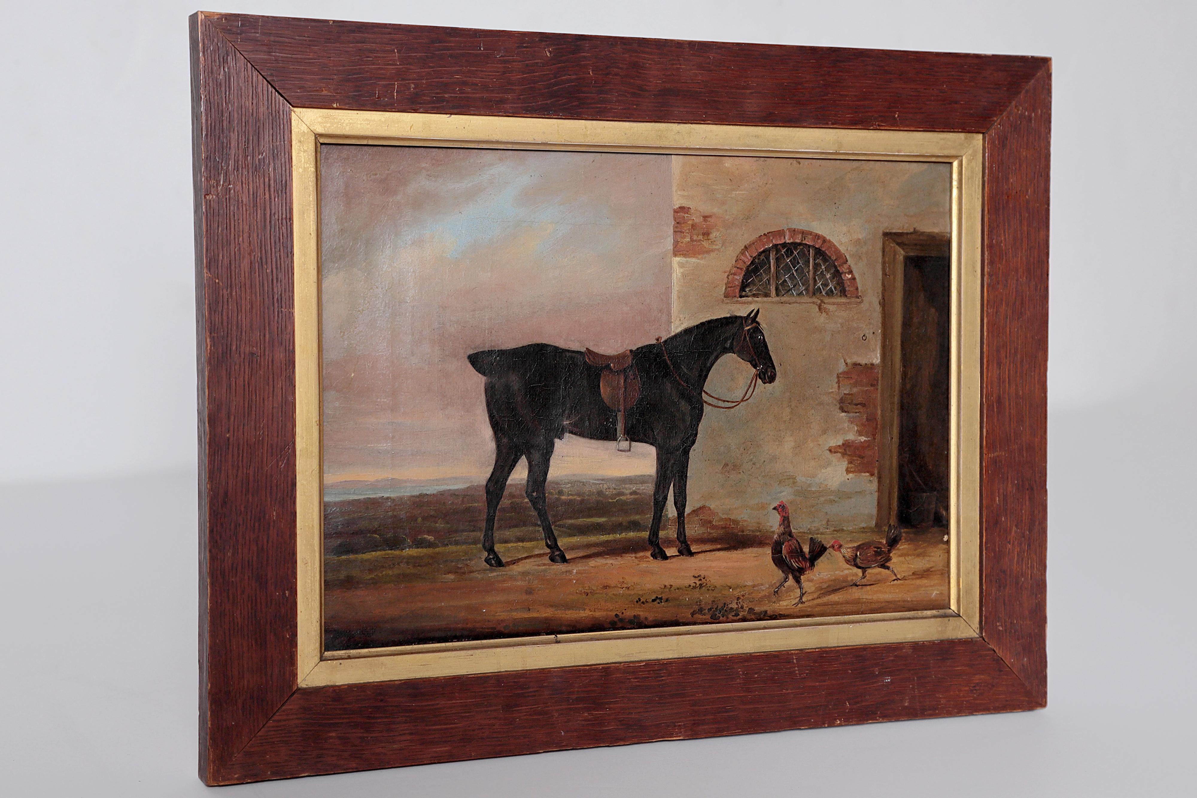 Equine Portrait with Rooster and Hen / Christie's Label Verso In Good Condition In Dallas, TX