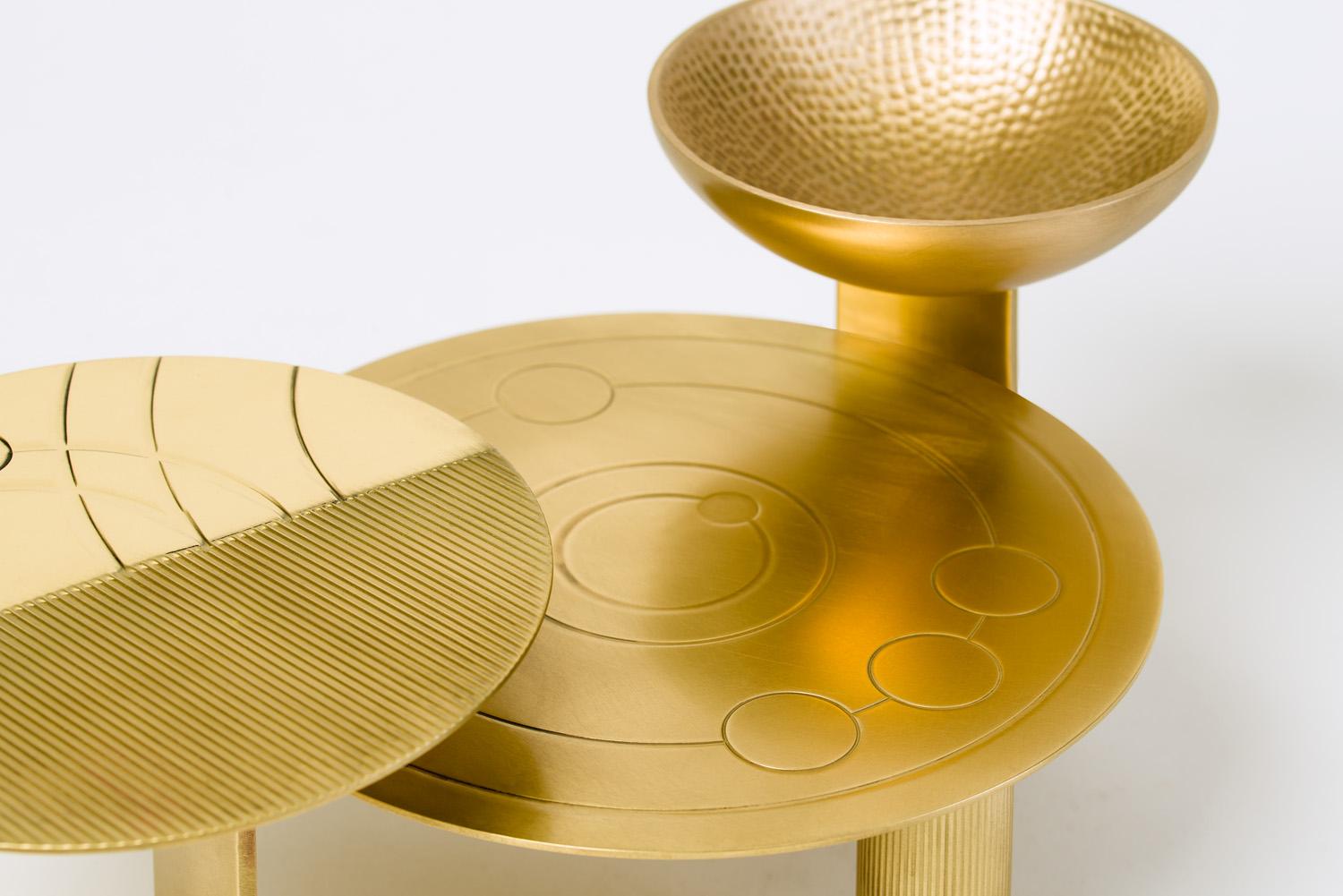 Equinox Centerpiece  is a family of candleholder and centerpieces playing with volumes, textures and graphic elements, designed by Day Studio for GAIA&GINO.  Day Studio fuses astronomy inspired drawings impeccably milled on surfaces with handmade