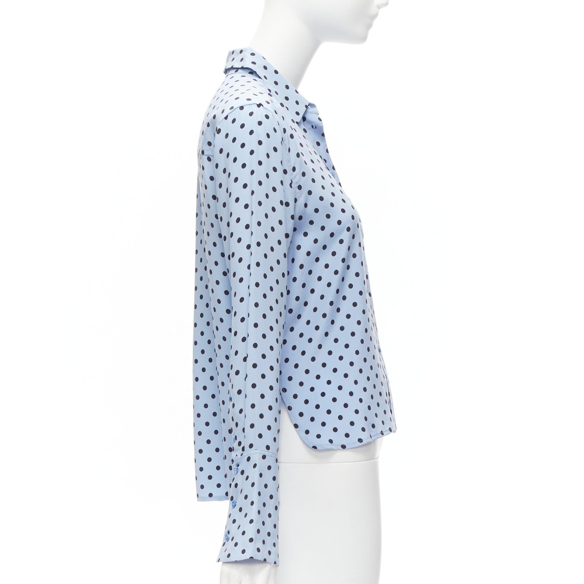 Women's EQUIPMENT 100% silk blue black polka dot long sleeve short shirt XS For Sale