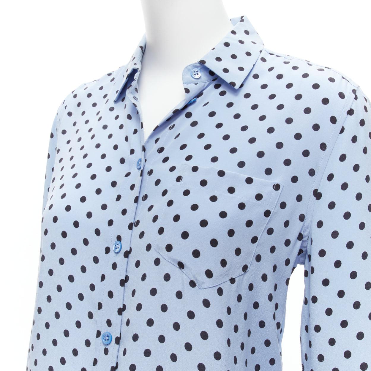 EQUIPMENT 100% silk blue black polka dot long sleeve short shirt XS For Sale 3