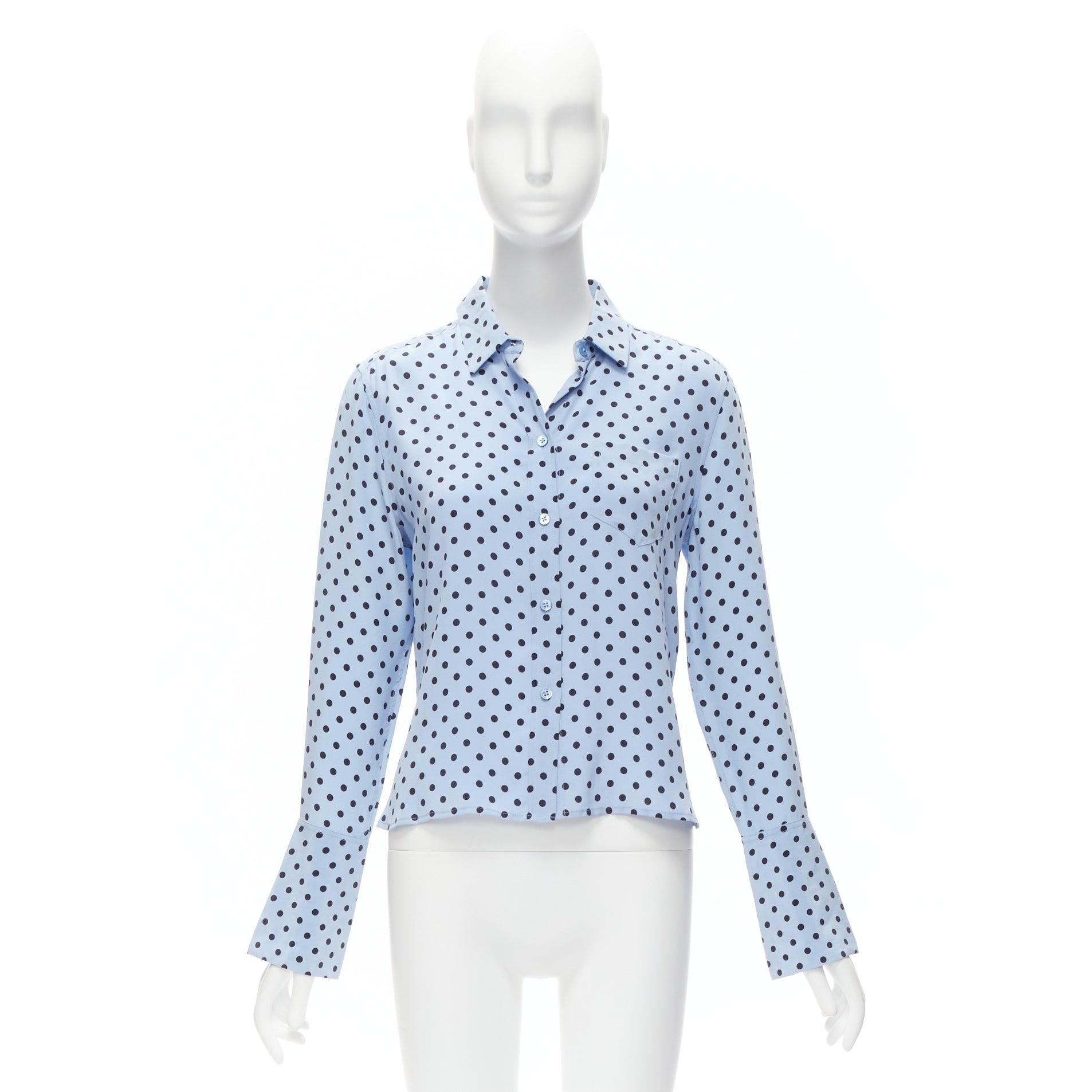 EQUIPMENT 100% Seide blau schwarz gepunktet Langarm-Shirt kurz XS im Angebot 5