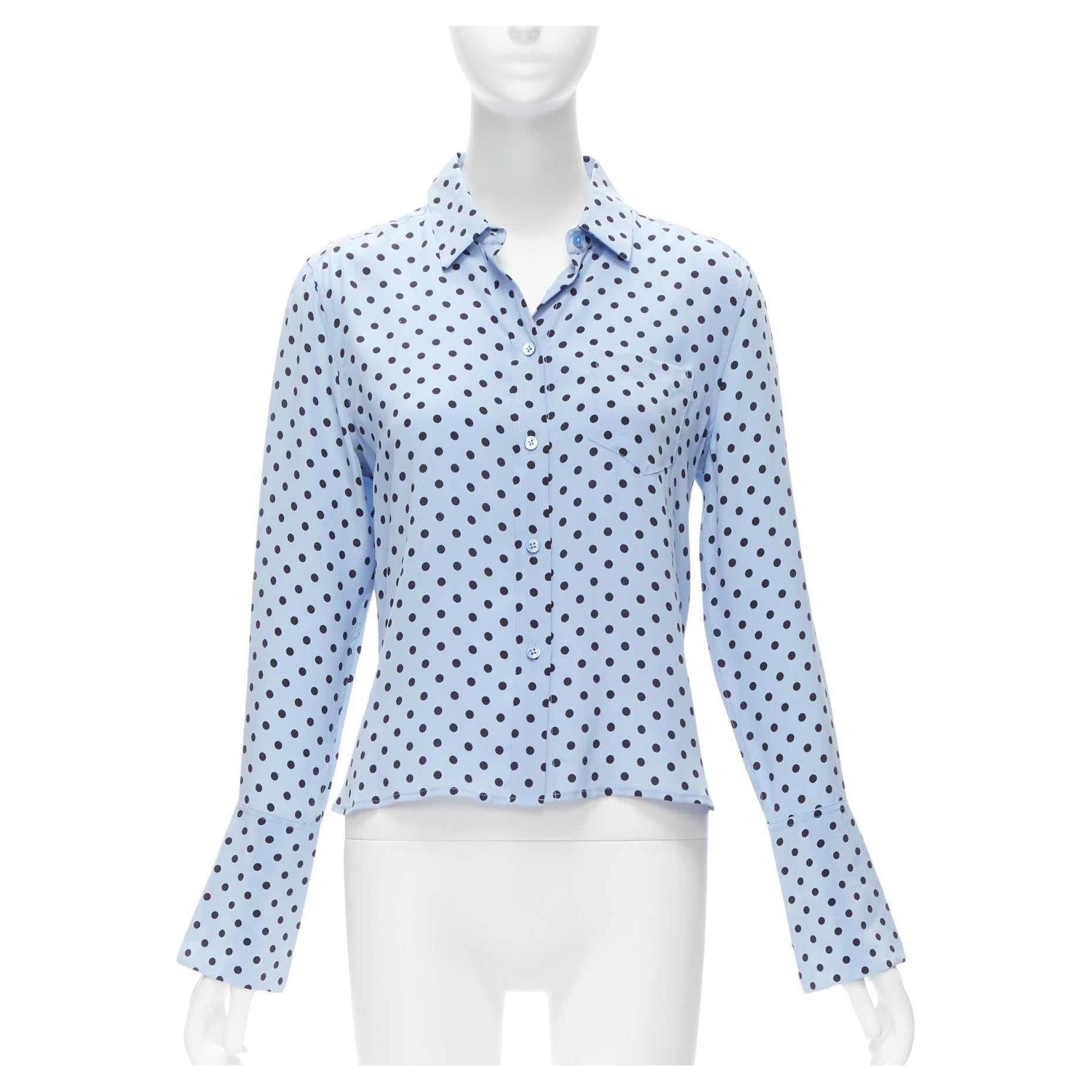 EQUIPMENT 100% silk blue black polka dot long sleeve short shirt XS For Sale