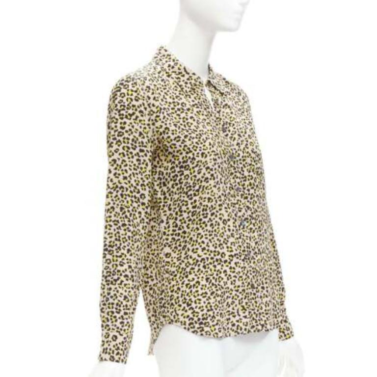Beige EQUIPMENT 100% silk brown black leopard print long sleeve shirt XS For Sale