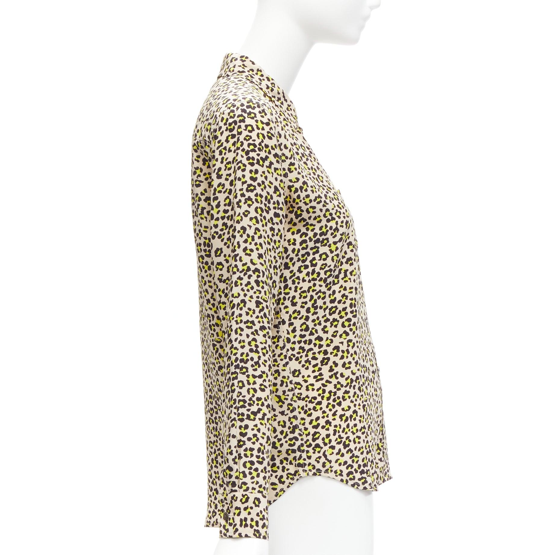 Beige EQUIPMENT 100% silk brown black leopard print long sleeve shirt XS For Sale