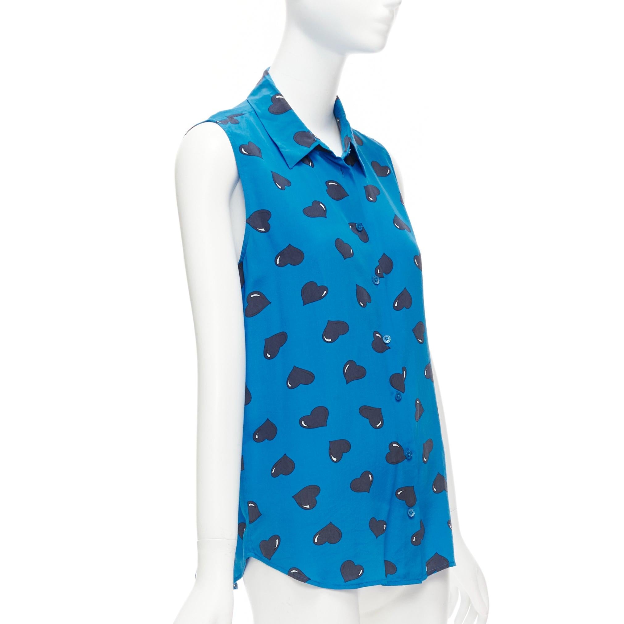 Women's EQUIPMENT 100% silk  electric blue black heart printed sleeveless blouse M For Sale