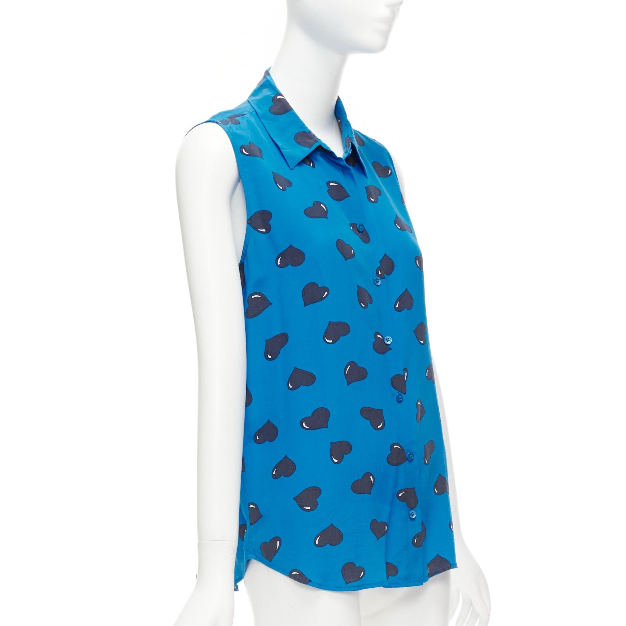 EQUIPMENT 100% Seide  Ärmellose electric blue black heart bedruckte Bluse M (Blau) im Angebot