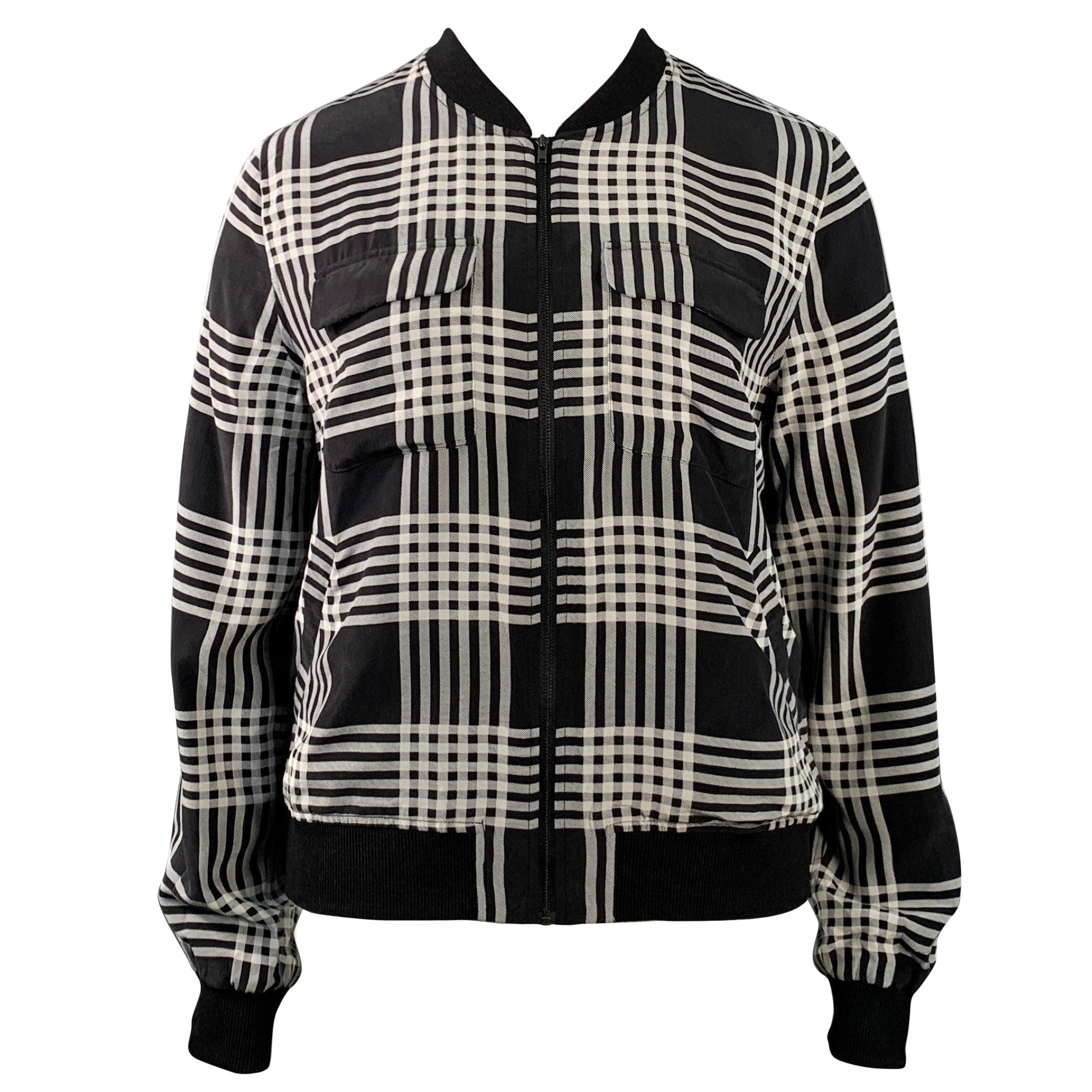EQUIPMENT Size L Black White Silk Plaid Zip Up Bomber Jacket