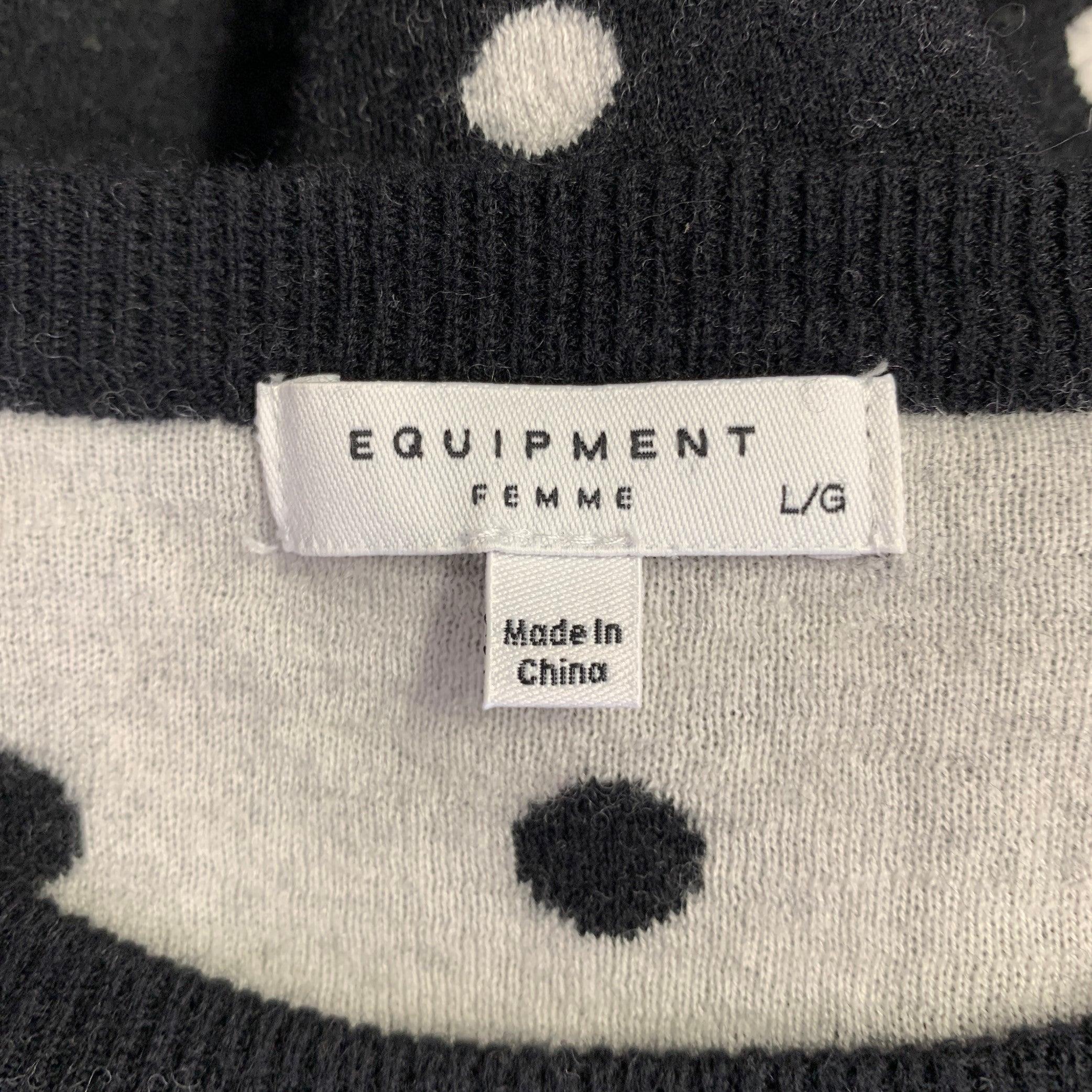 Women's EQUIPMENT Size L Black White Wool Blend Polka Dot Crew Neck Pullover For Sale