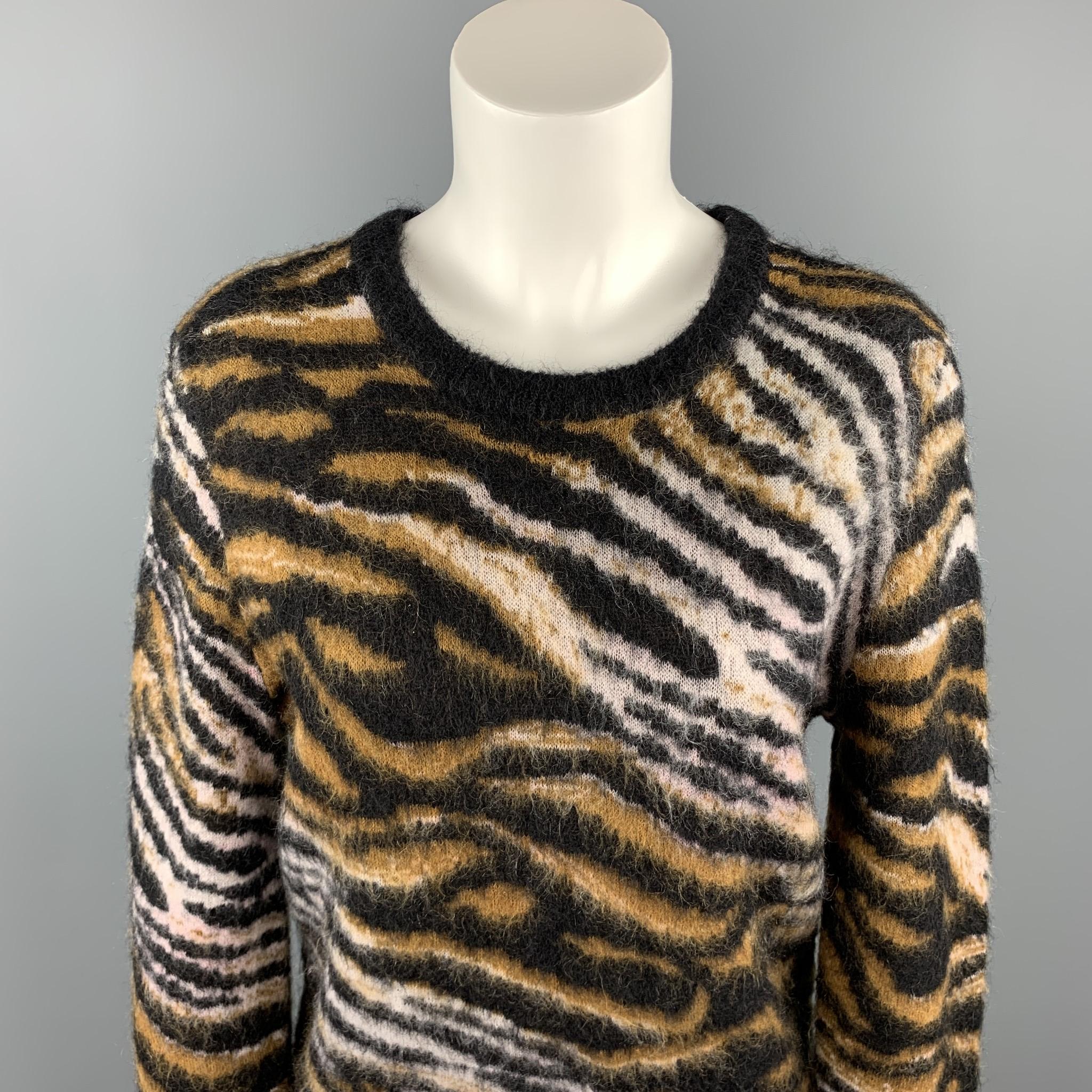 EQUIPMENT FEMME sweater comes in a black & tan tiger print mohair blend featuring a ribbed crew-neck.

Excellent Pre-Owned Condition.
Marked: S/P

Measurements:

Shoulder: 17.5 in. 
Bust: 38 in. 
Sleeve: 28.5 in. 
Length: 21 in. 