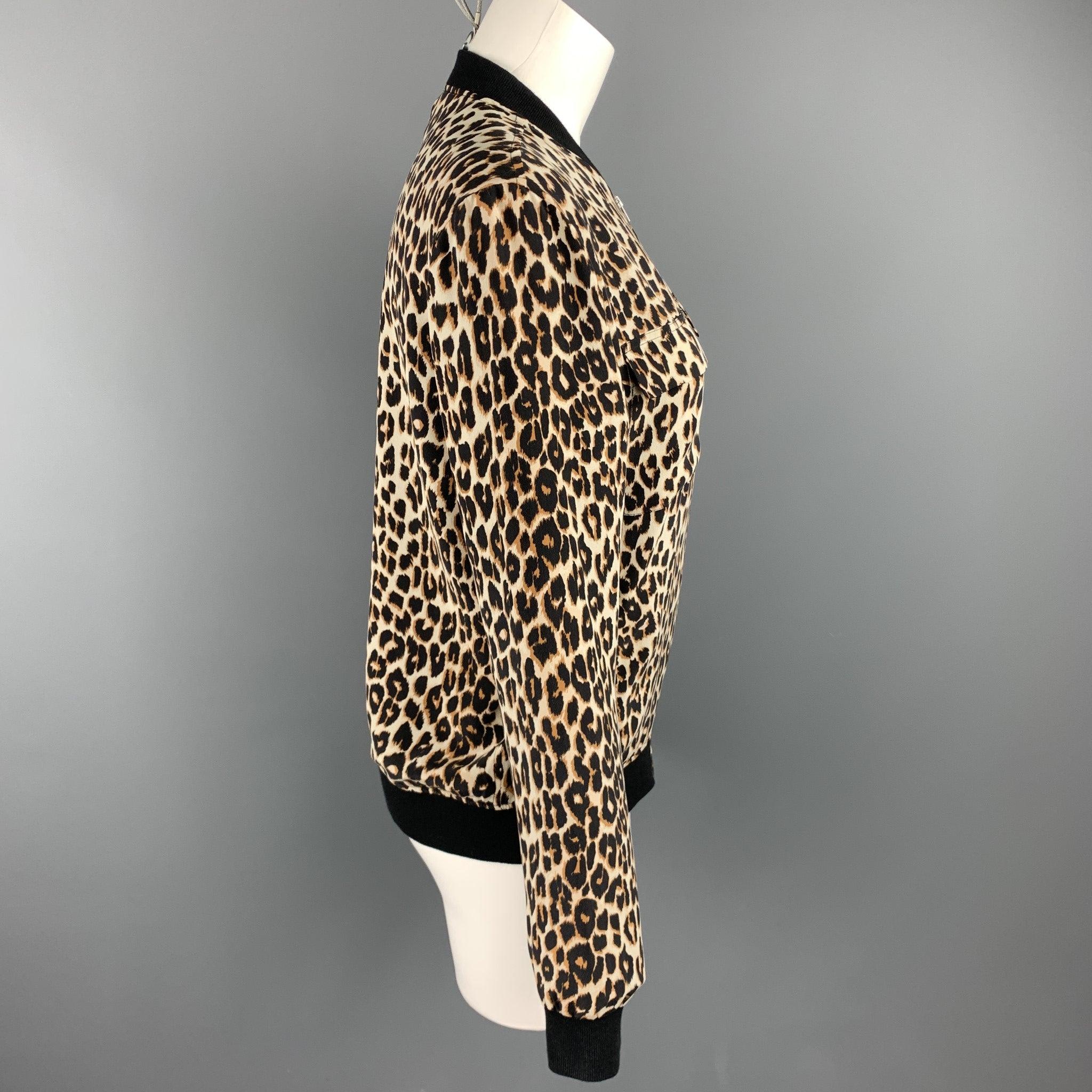 EQUIPMENT Size XS Black & Tan Leopard Silk Bomber Jacket In Excellent Condition For Sale In San Francisco, CA