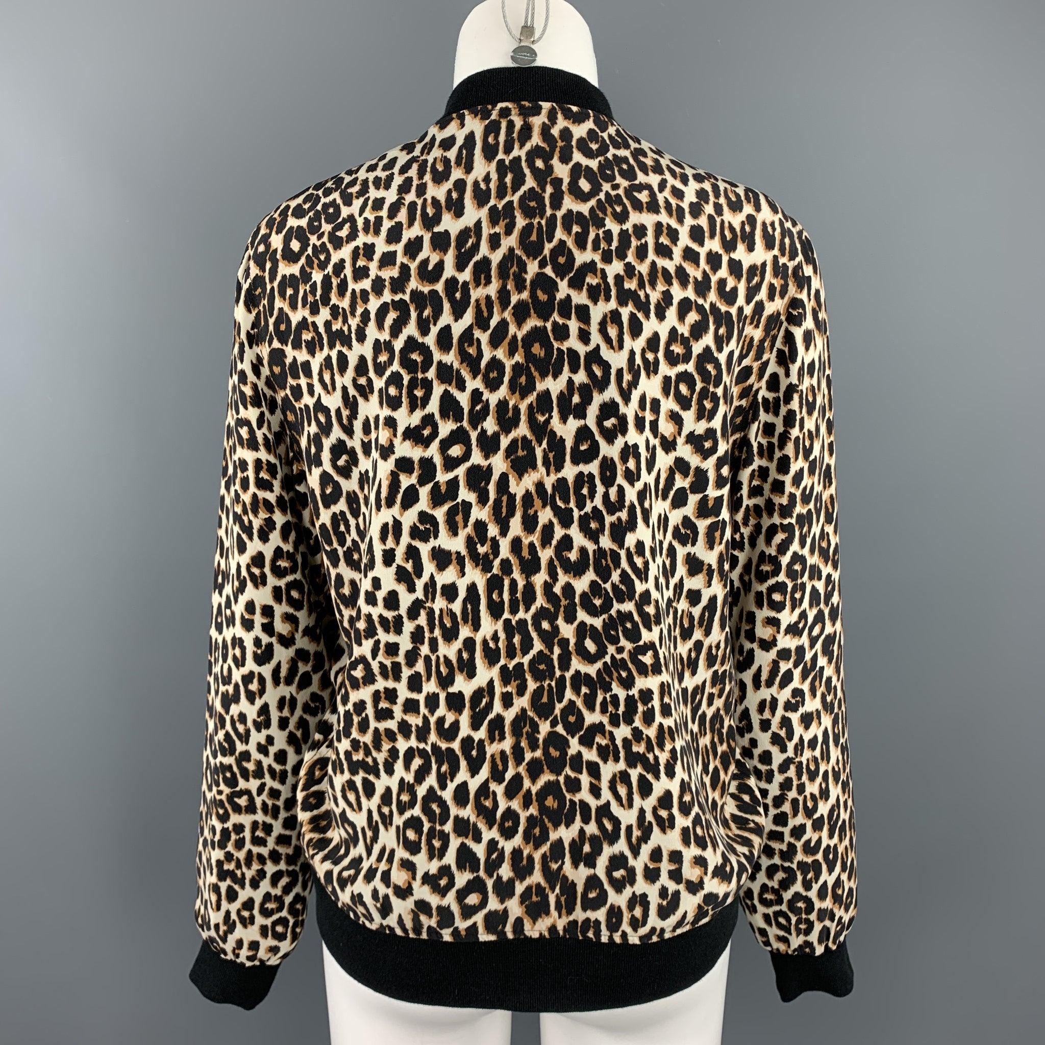 Women's EQUIPMENT Size XS Black & Tan Leopard Silk Bomber Jacket For Sale