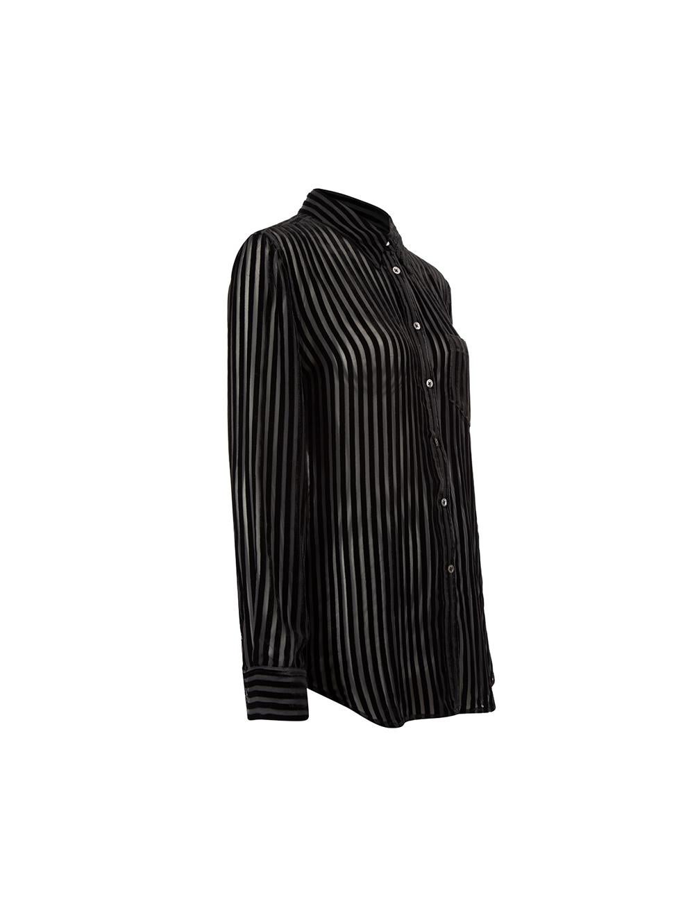 CONDITION is Very good. Minimal wear to shirt is evident. There is a pull to the fabric at the back of the shirt on this used Equipment designer resale item. 



Details


Black

Velvet

Long sleeves sheer shirt

Striped

Front button up