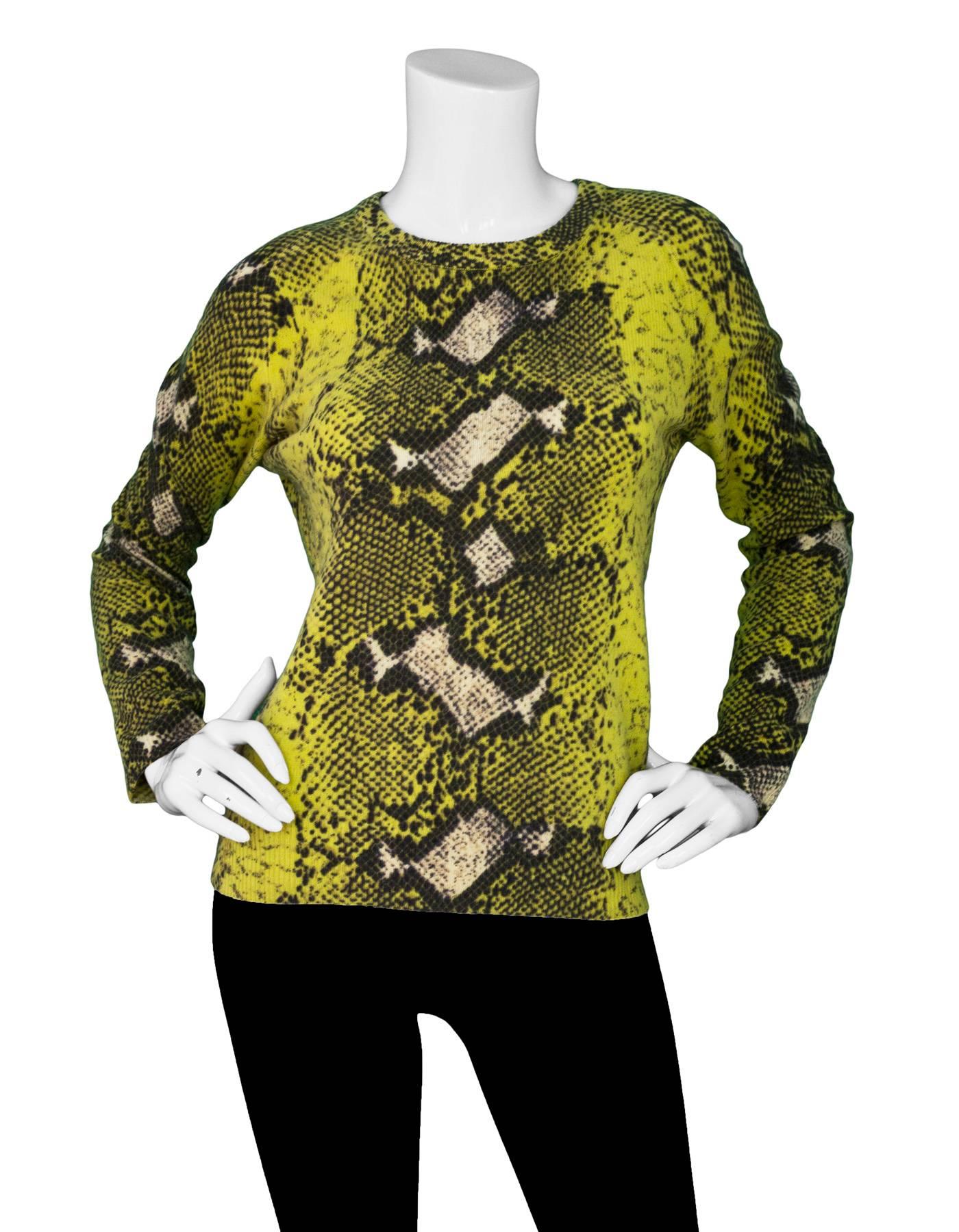 Equipment Yellow Cashmere Snake Print Sweater Sz XS

Made In: China
Color: Yellow
Composition: 100% cashmere
Lining: None
Closure/Opening: Pull over
Overall Condition: Excellent pre-owned condition, light pilling
Marked Size: XS
Bust: 36