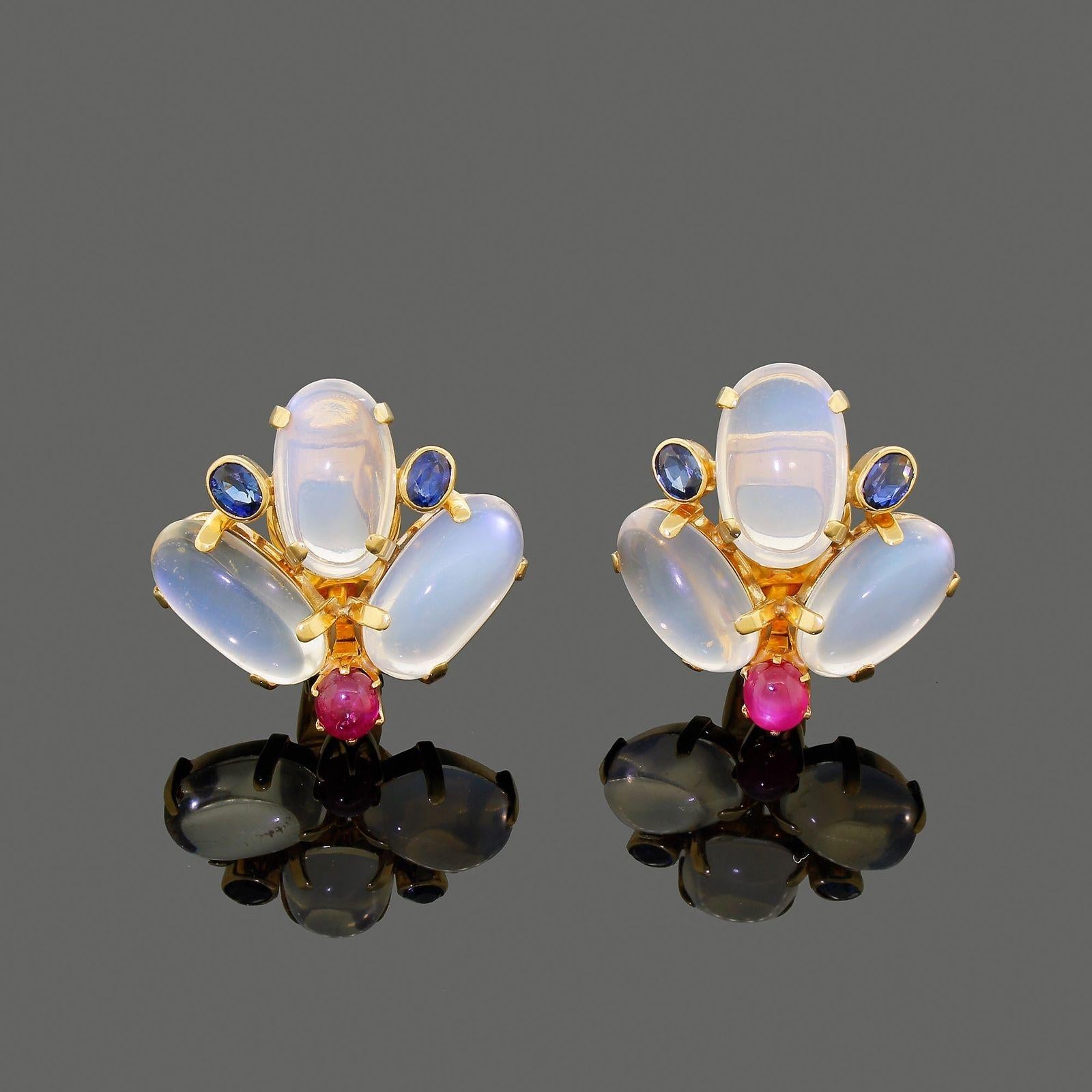 Equisite Large 14k Gold Moonstone Clip On Earrings with Ruby Sapphire Cabochons 2
