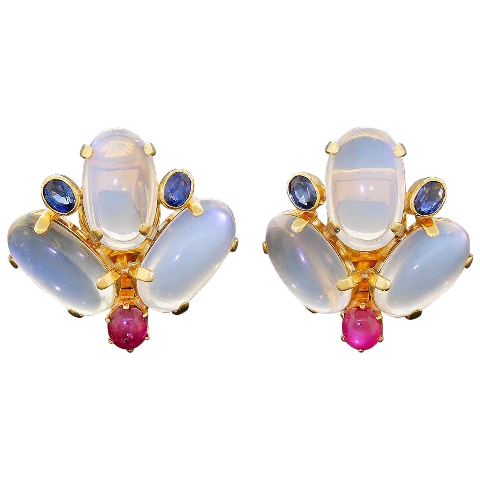 Equisite Large 14k Gold Moonstone Clip On Earrings with Ruby Sapphire Cabochons
