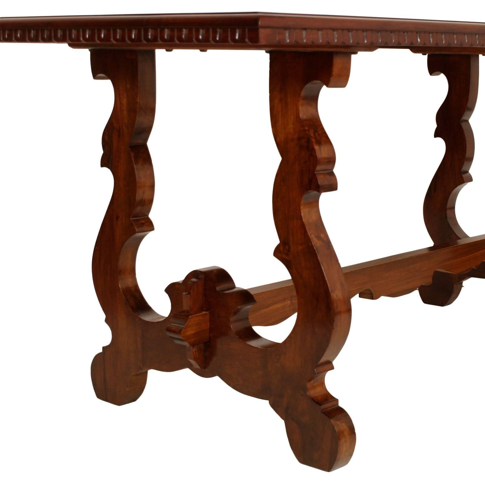 1920s Italian Fratino table with Lira legs in solid walnut polished to wax. Excellent patina.
Measures cm: H 81 x W 183 x D 81.

ABOUT BASSANO' EBANISTERY
The Bassano del Grappa area, up to the hills of Asolo and the plain adjacent to them, 
have