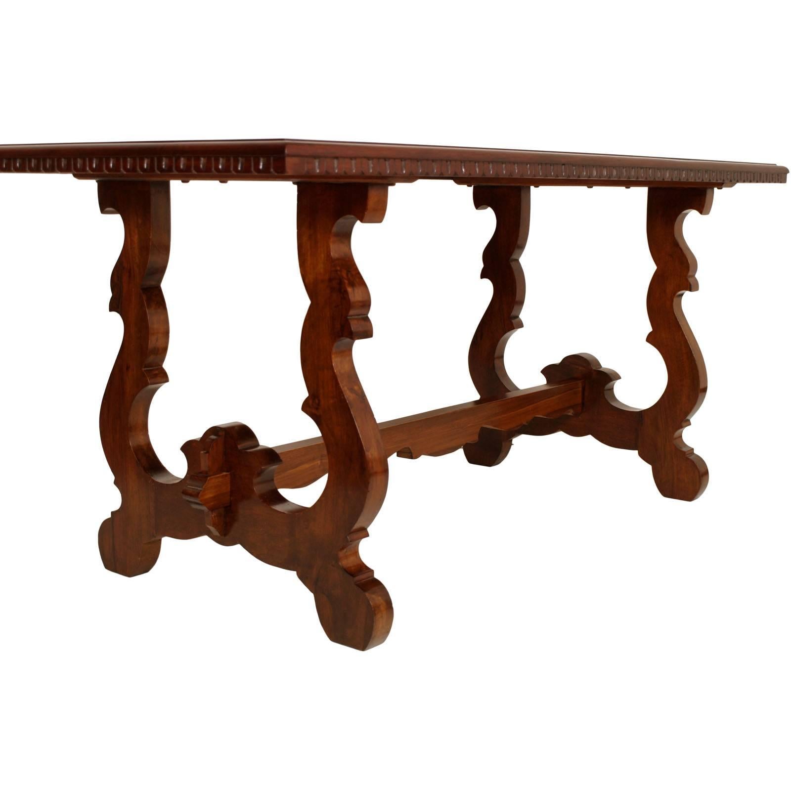 Renaissance Revival Era Art Deco Italian Fratino Table with Lira Legs in Solid Walnut Wax-Polished For Sale