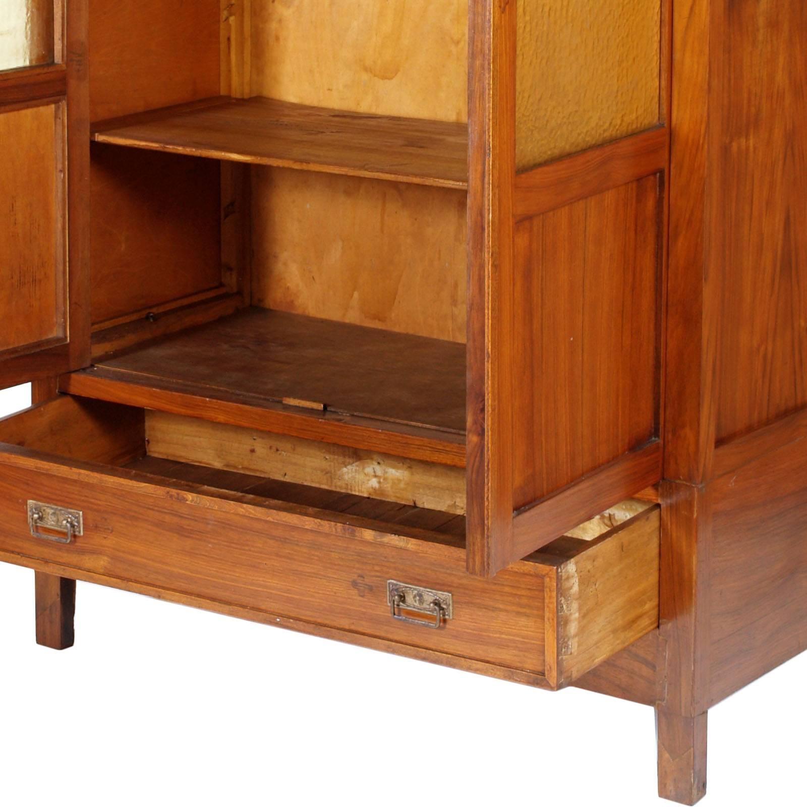 19th Century Era Art Nouveau Bookcase Cabinet, in Walnut, with Inlay on Front, Wax-Polished