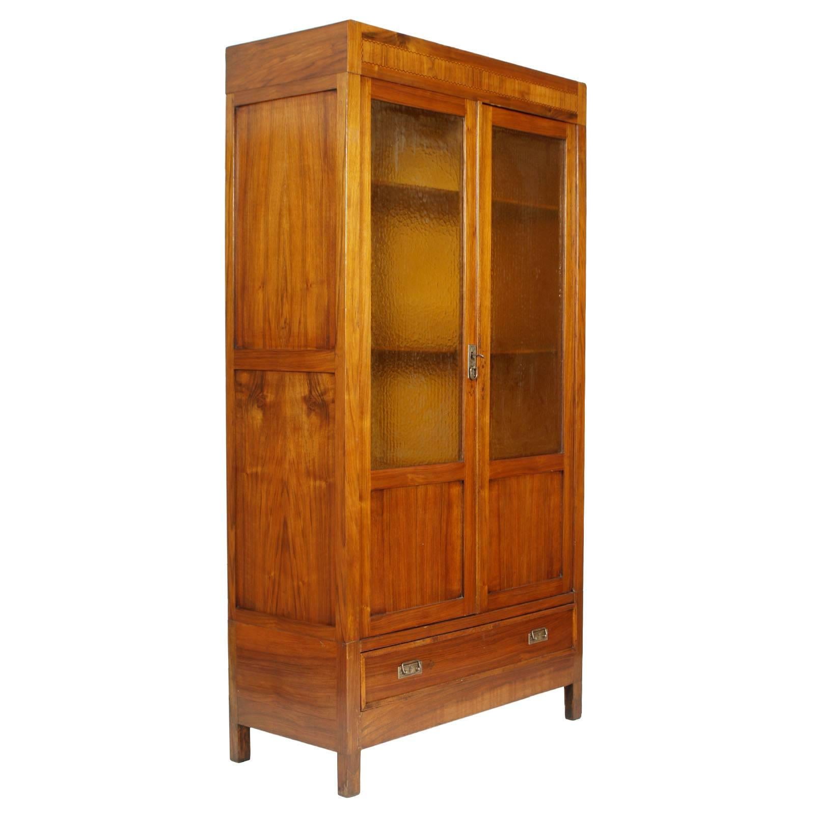 Era Art Nouveau Bookcase Cabinet, in Walnut, with Inlay on Front, Wax-Polished