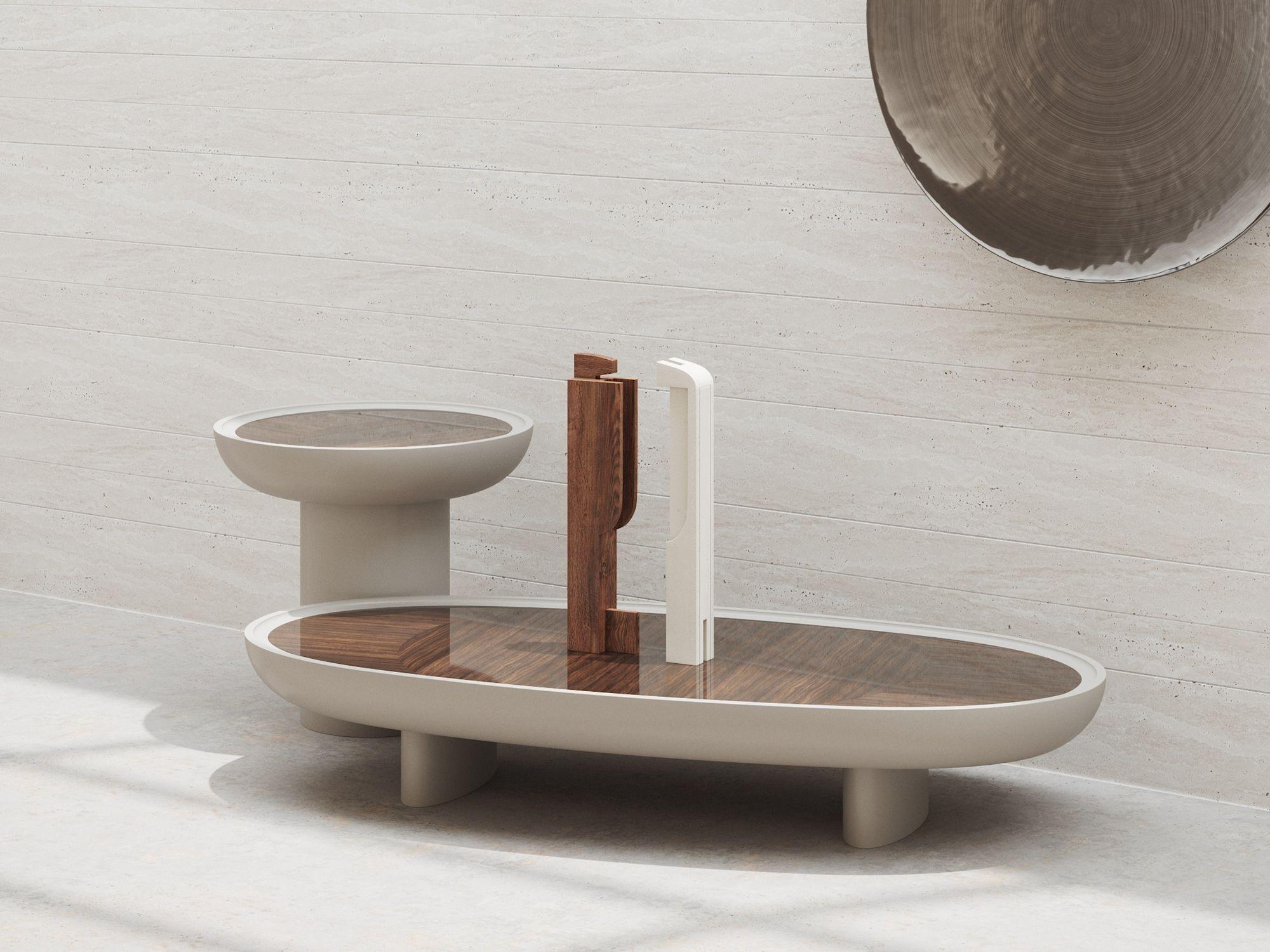Round side table with shaped rounded edges and top insert in natural wood, marble or ceramic. Lacquered structure in mat or gloss finish.
Top insert availables in Black Walnut/ Noce Canaletto, natural marble, ceramic or coloured mirror.