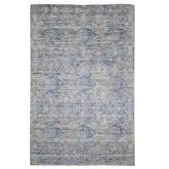 Erased Rossets, Silk with Oxidized Wool Denim Blue Oriental Rug