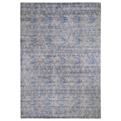 Erased Rossets, Silk with Textured Wool Denim Blue Hand Knotted Oriental Rug