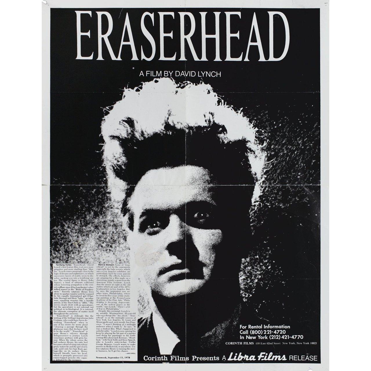 Original 1978 re-release U.S. mini poster for the film Eraserhead directed by David Lynch with Jack Nance / Charlotte Stewart / Allen Joseph / Jeanne Bates. Good-Very Good condition, folded with edge tears & stain. Many original posters were issued