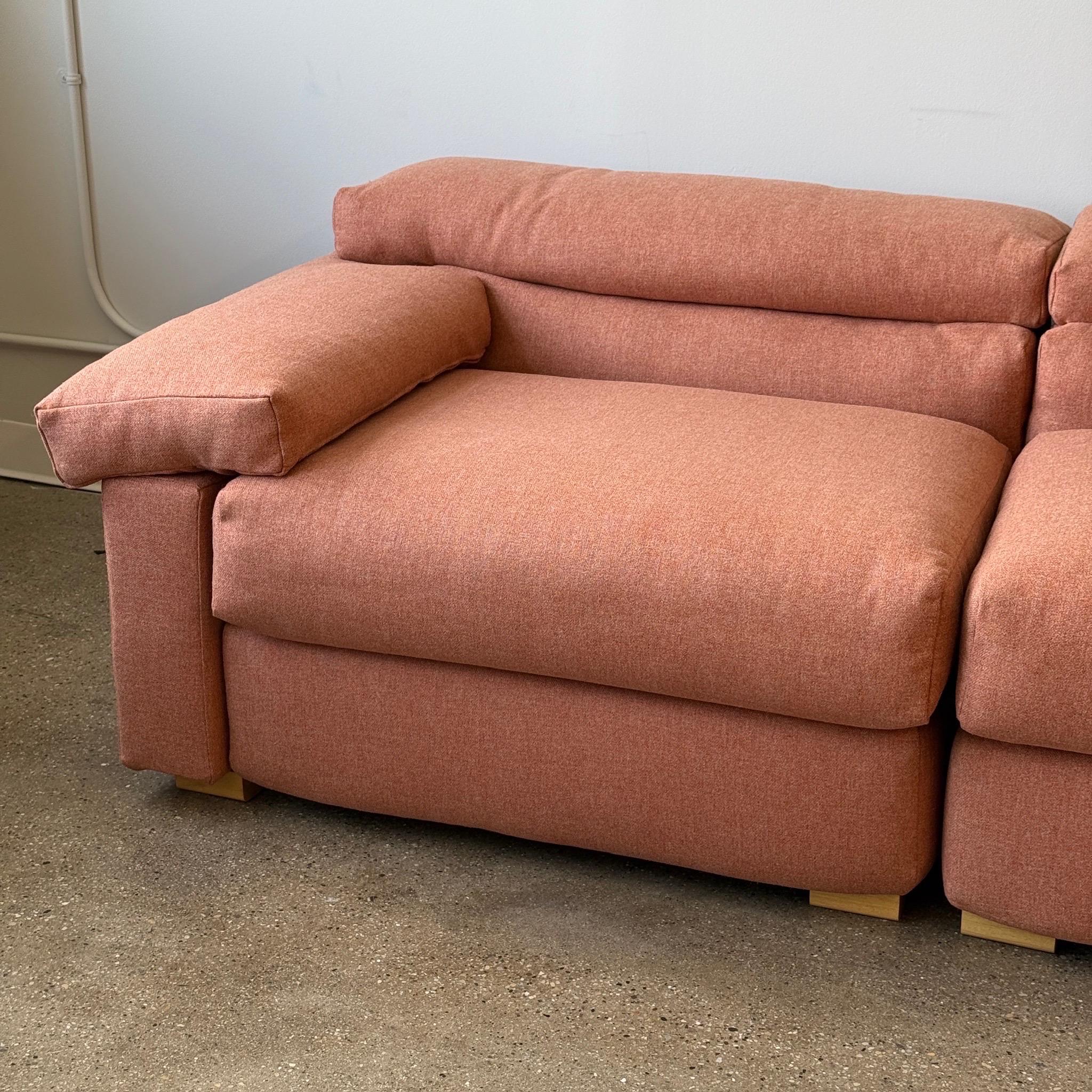 c. 1970s. Made in Italy. Injection molded foam frame. Reupholstered in Camira Main Line Flax Alperton fabric. New feet.

