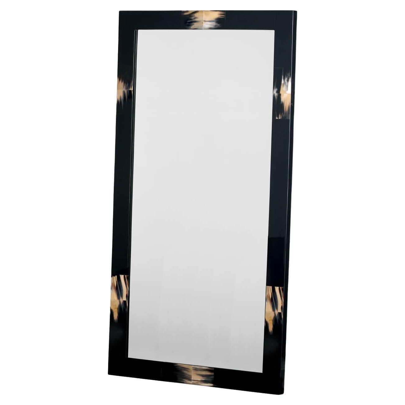 Erasmo Wall Mirror in Black Lacquered Wood with Corno Italiano Inlays, Mod. 1421