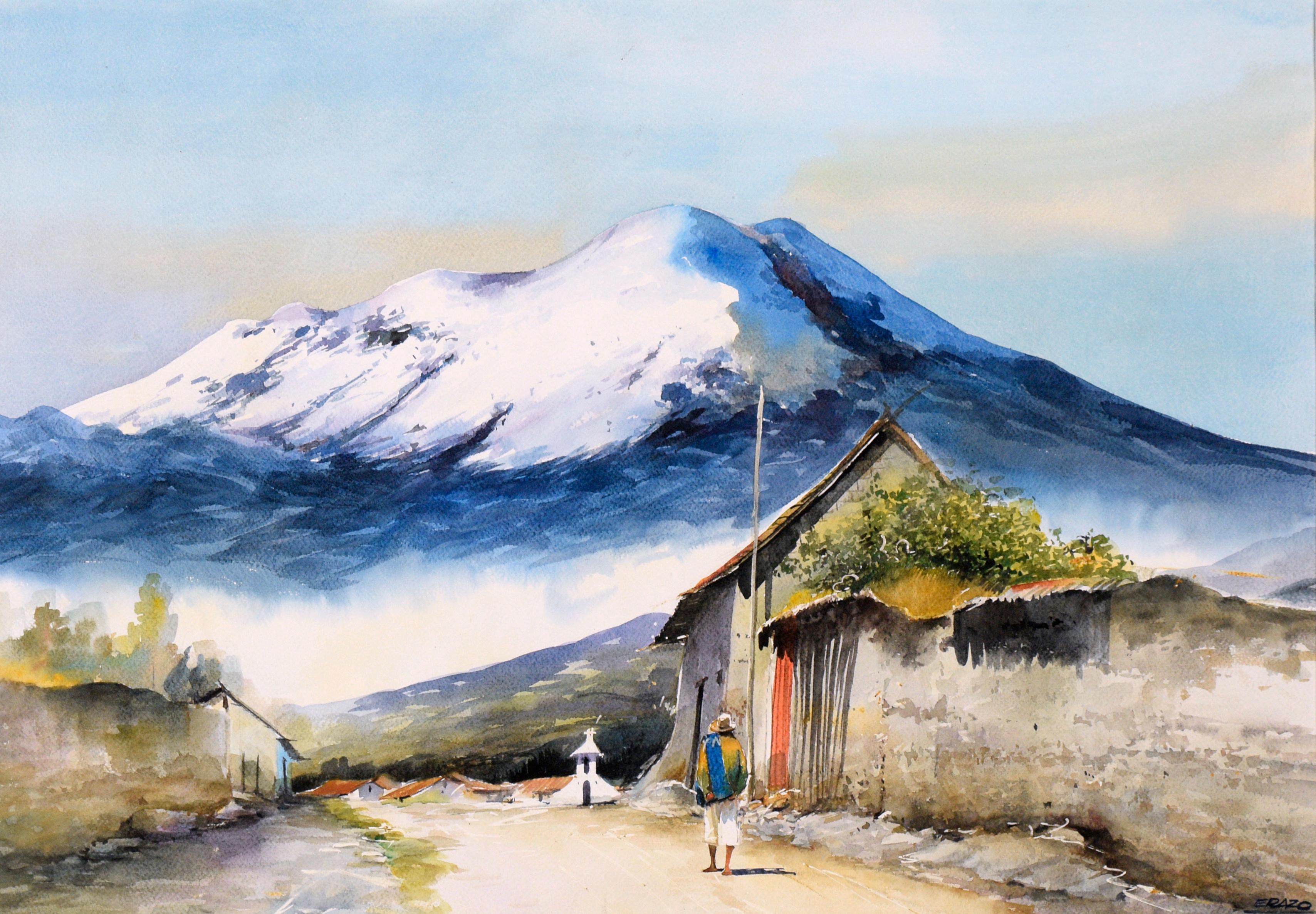 Village at the Base of the Andes Mountains - Watercolor Landscape on Paper - Painting by Erazo