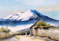 Village at the Base of the Andes Mountains - Watercolor Landscape on Paper