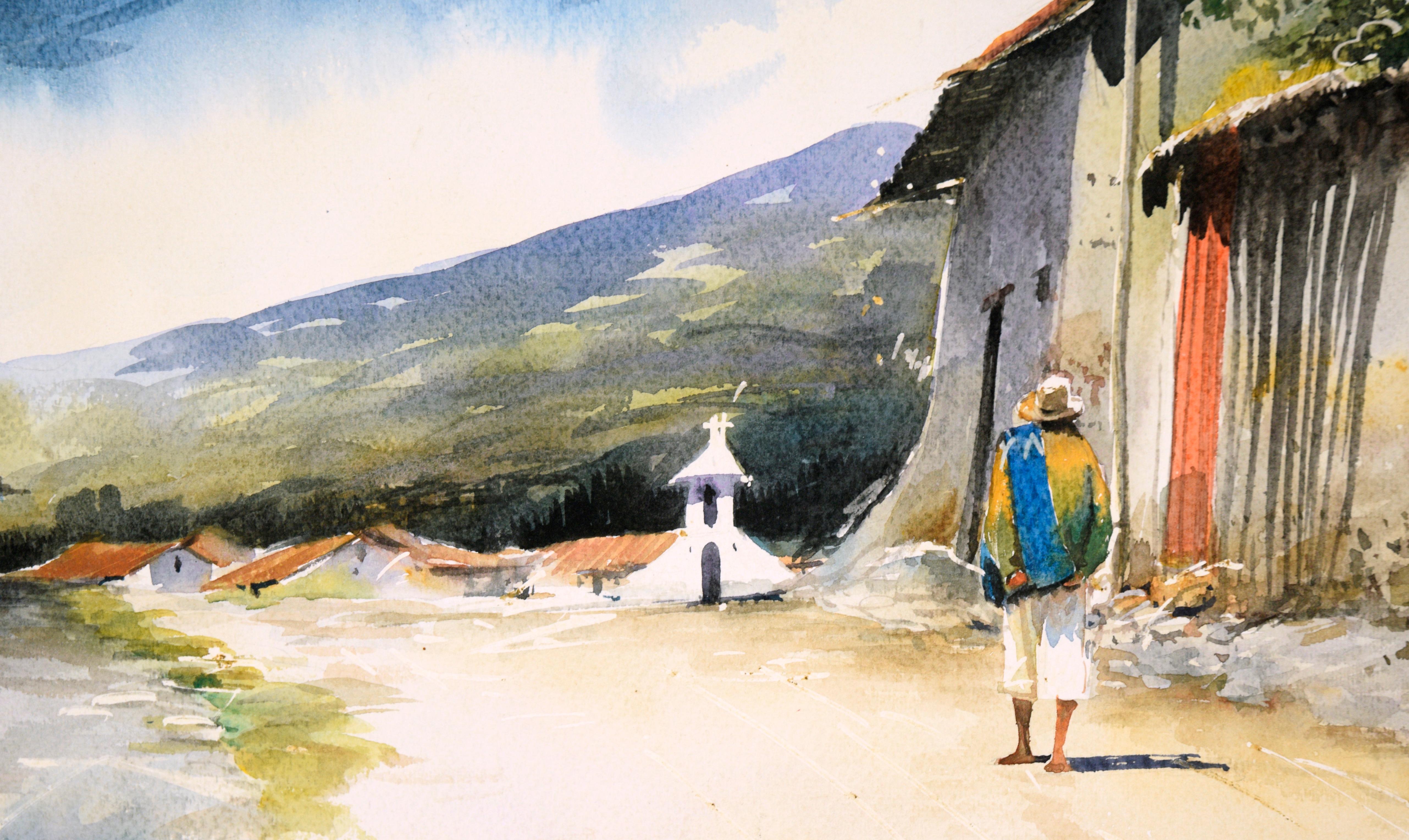 Village at the Base of the Andes Mountains - Watercolor Landscape on Paper - Impressionist Painting by Erazo